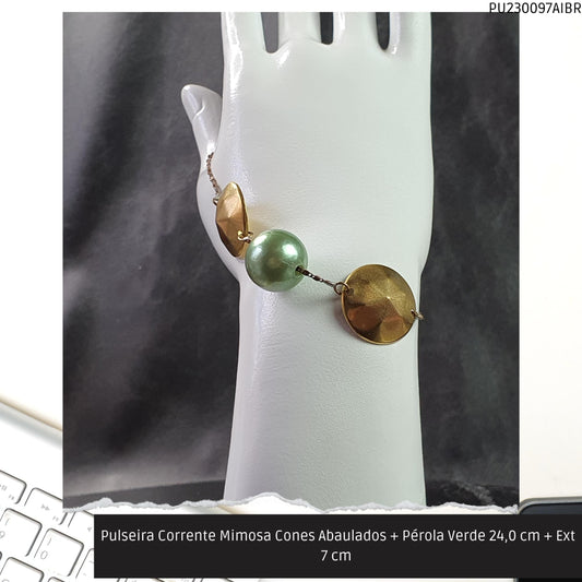 Pulseira Corrente Mimosa Cones Abaulados + Pérola Verde 24.0 cm + Ext 7 cm   - Código.: PU230097AIBR  - Peso.: 5.4 gr