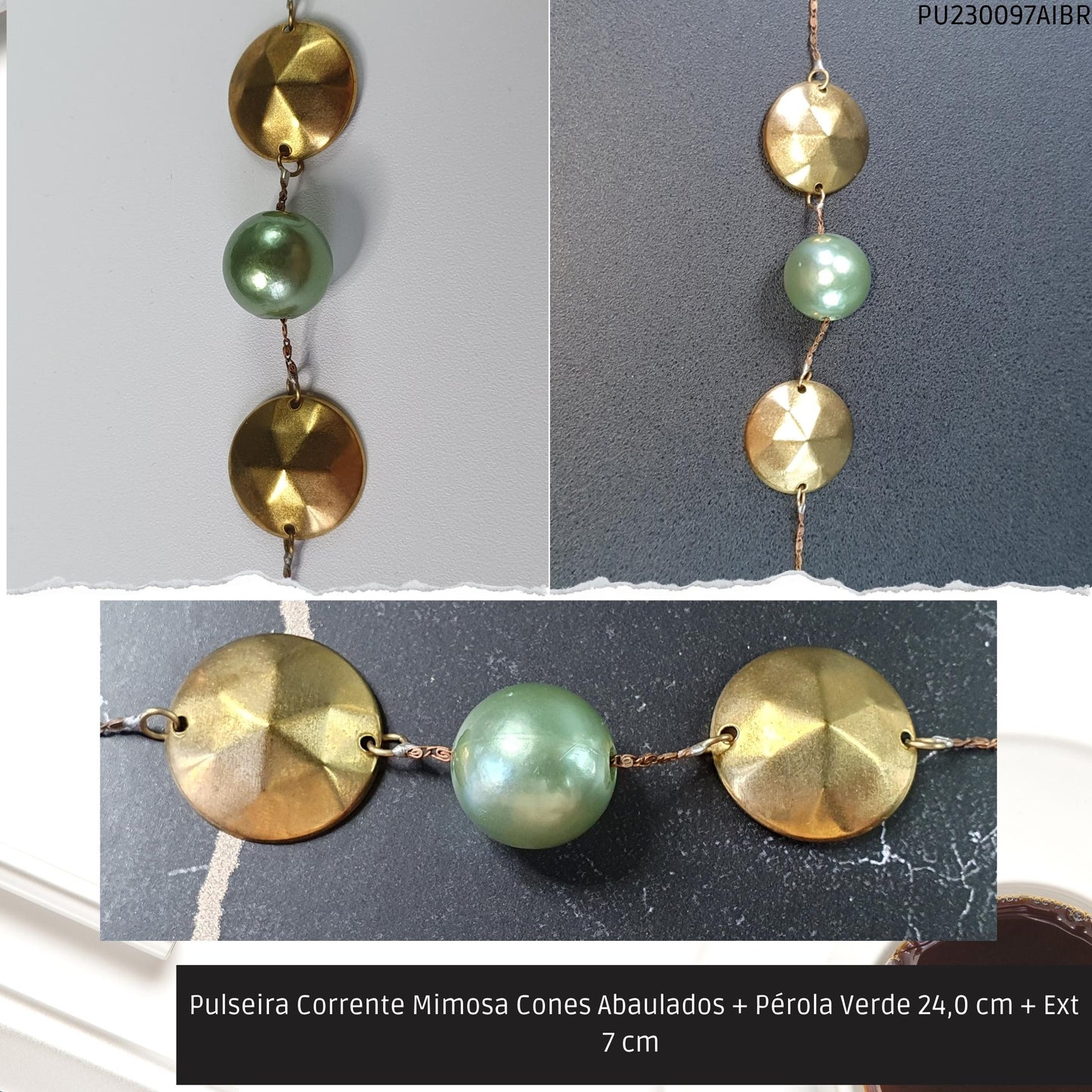 Pulseira Corrente Mimosa Cones Abaulados + Pérola Verde 24.0 cm + Ext 7 cm   - Código.: PU230097AIBR  - Peso.: 5.4 gr