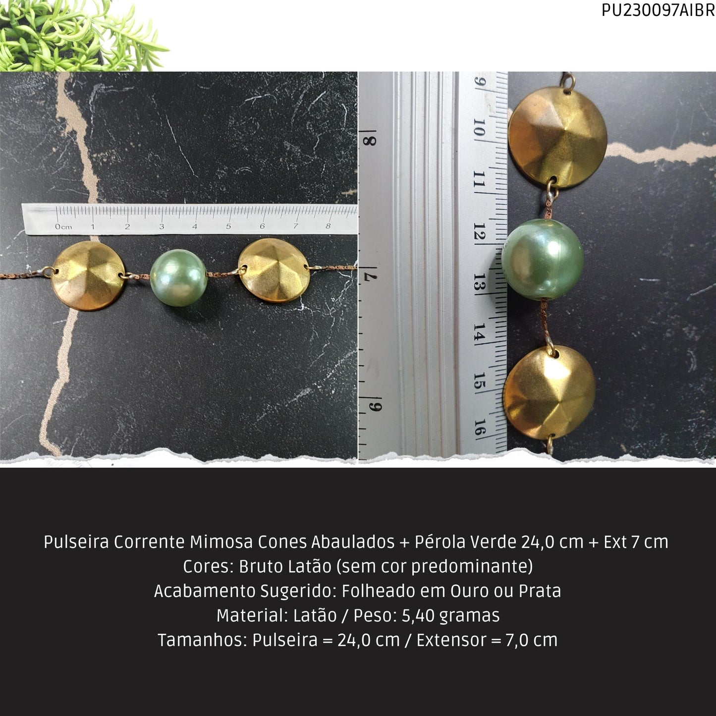 Pulseira Corrente Mimosa Cones Abaulados + Pérola Verde 24.0 cm + Ext 7 cm   - Código.: PU230097AIBR  - Peso.: 5.4 gr