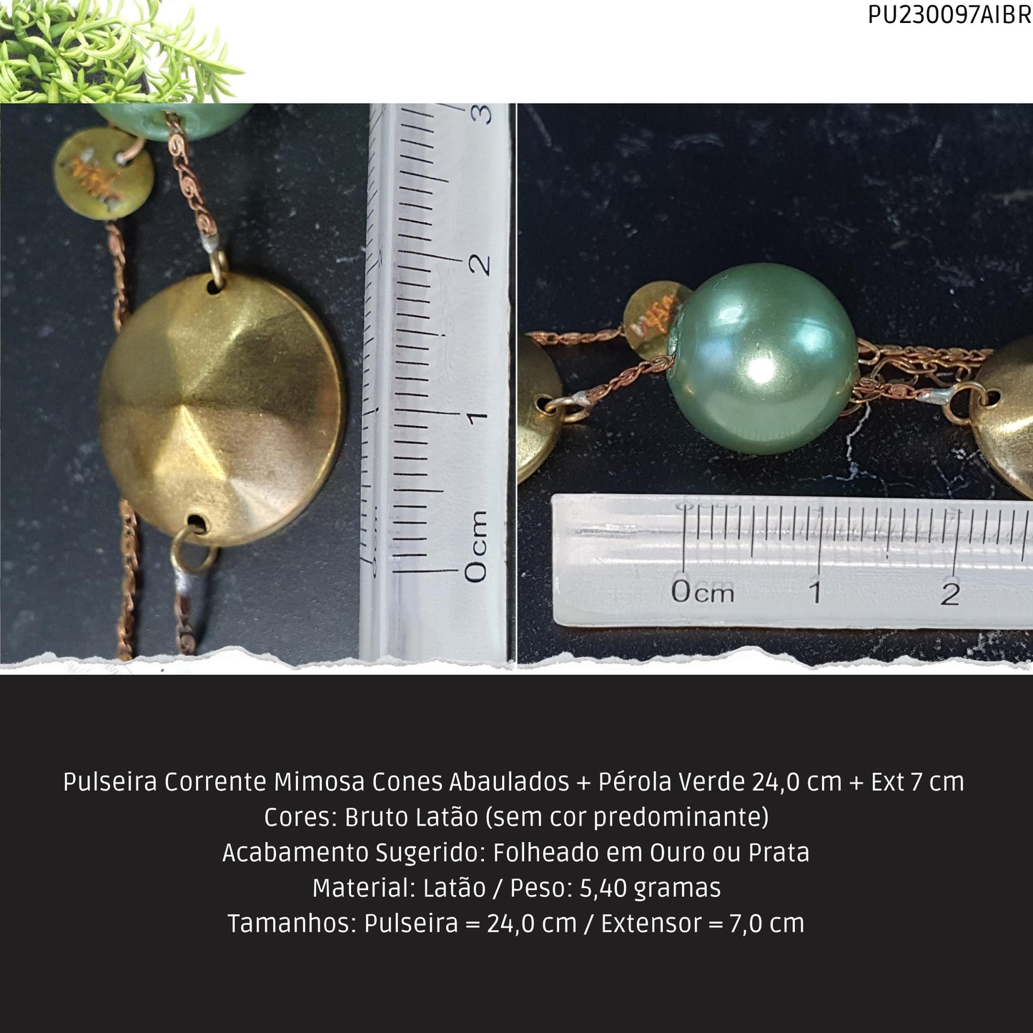 Pulseira Corrente Mimosa Cones Abaulados + Pérola Verde 24.0 cm + Ext 7 cm   - Código.: PU230097AIBR  - Peso.: 5.4 gr