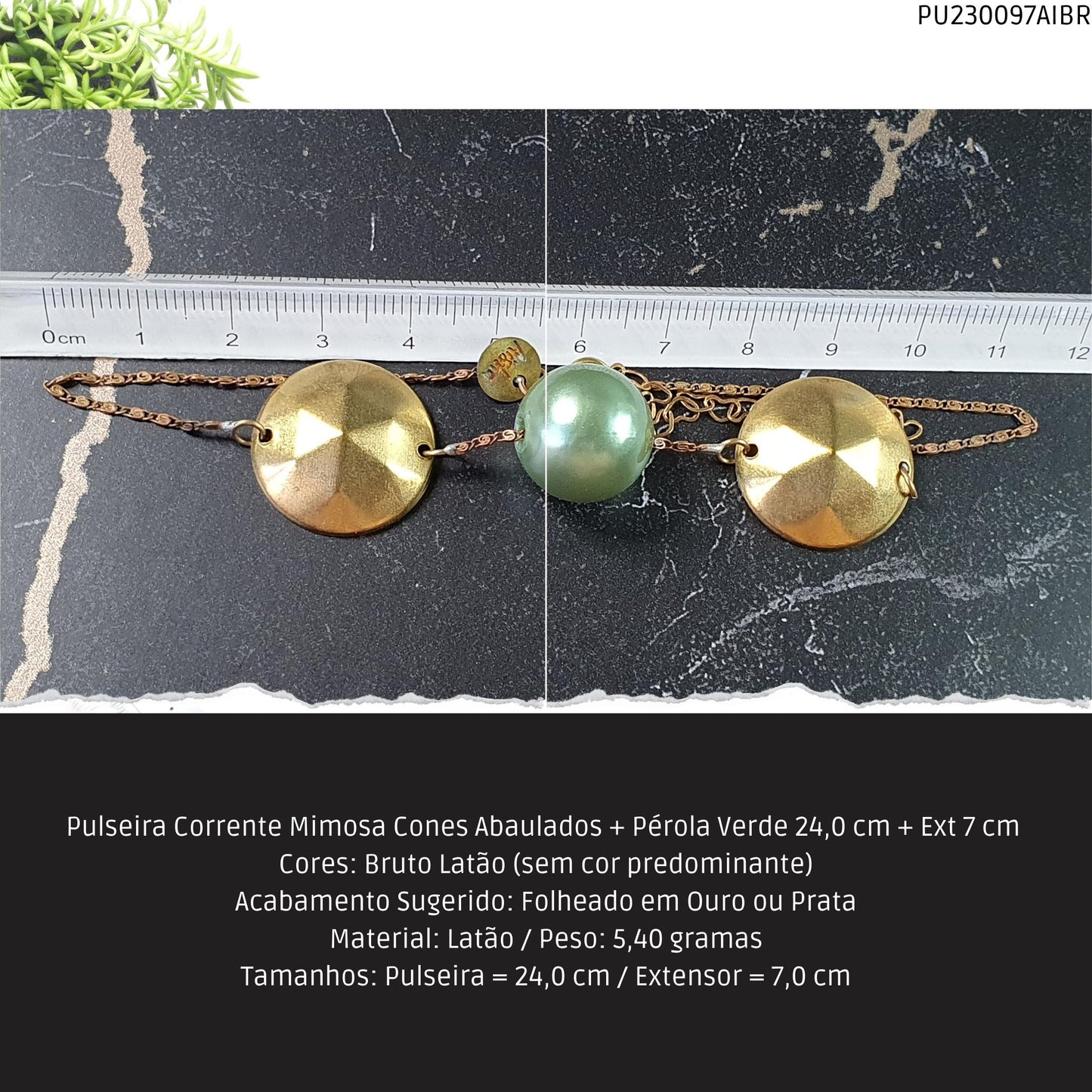Pulseira Corrente Mimosa Cones Abaulados + Pérola Verde 24.0 cm + Ext 7 cm   - Código.: PU230097AIBR  - Peso.: 5.4 gr