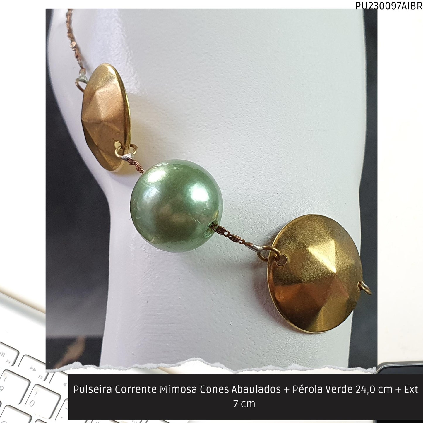 Pulseira Corrente Mimosa Cones Abaulados + Pérola Verde 24.0 cm + Ext 7 cm   - Código.: PU230097AIBR  - Peso.: 5.4 gr