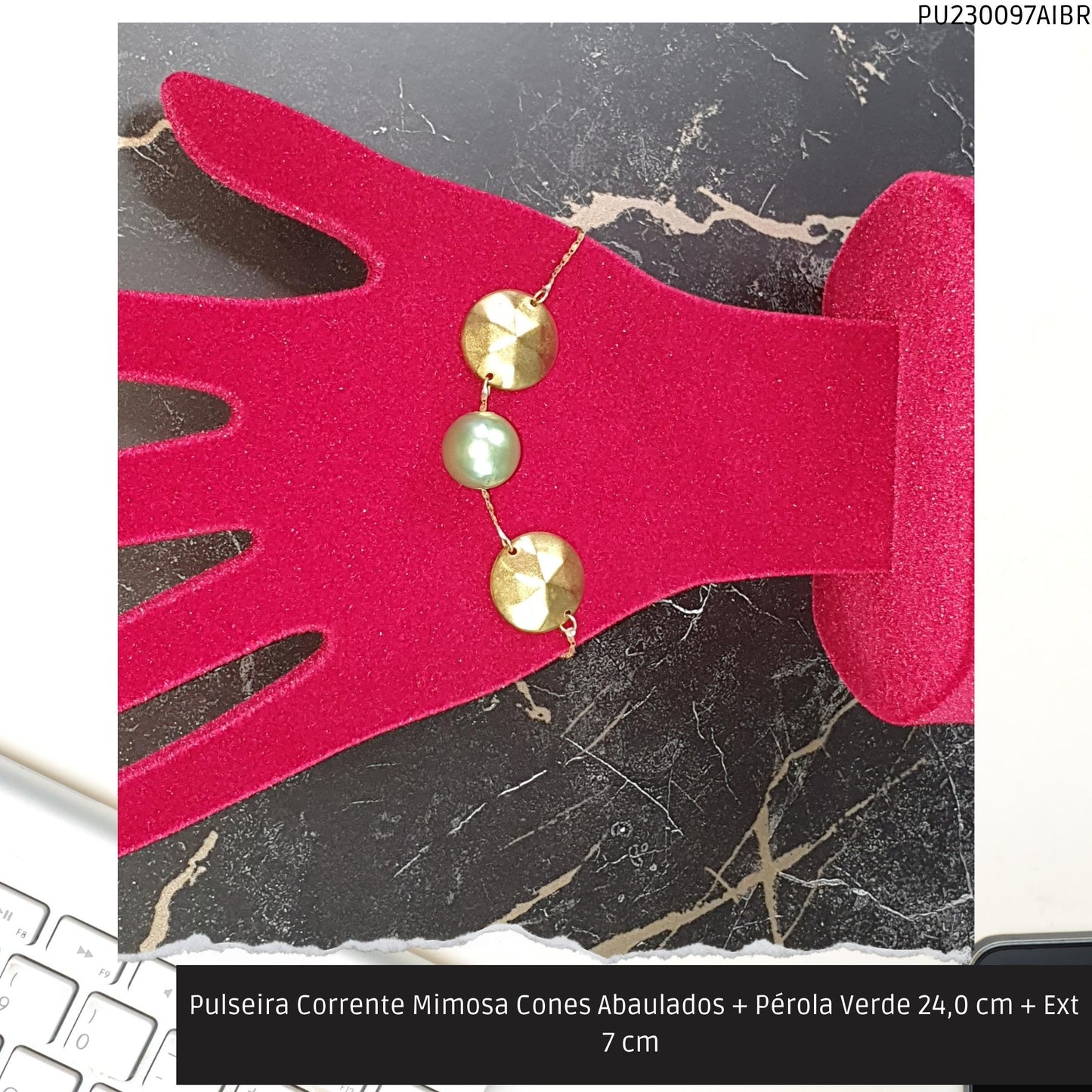 Pulseira Corrente Mimosa Cones Abaulados + Pérola Verde 24.0 cm + Ext 7 cm   - Código.: PU230097AIBR  - Peso.: 5.4 gr