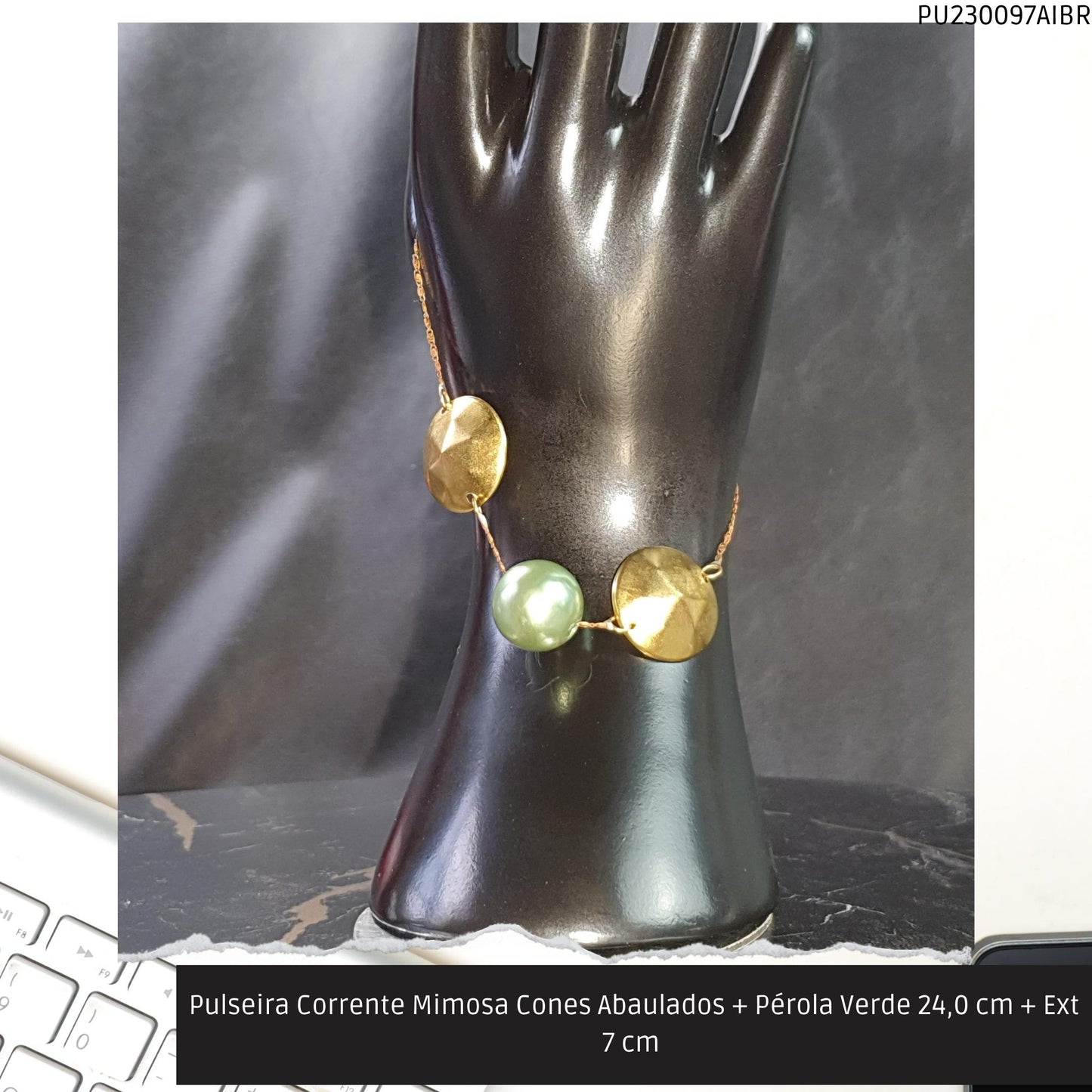 Pulseira Corrente Mimosa Cones Abaulados + Pérola Verde 24.0 cm + Ext 7 cm   - Código.: PU230097AIBR  - Peso.: 5.4 gr