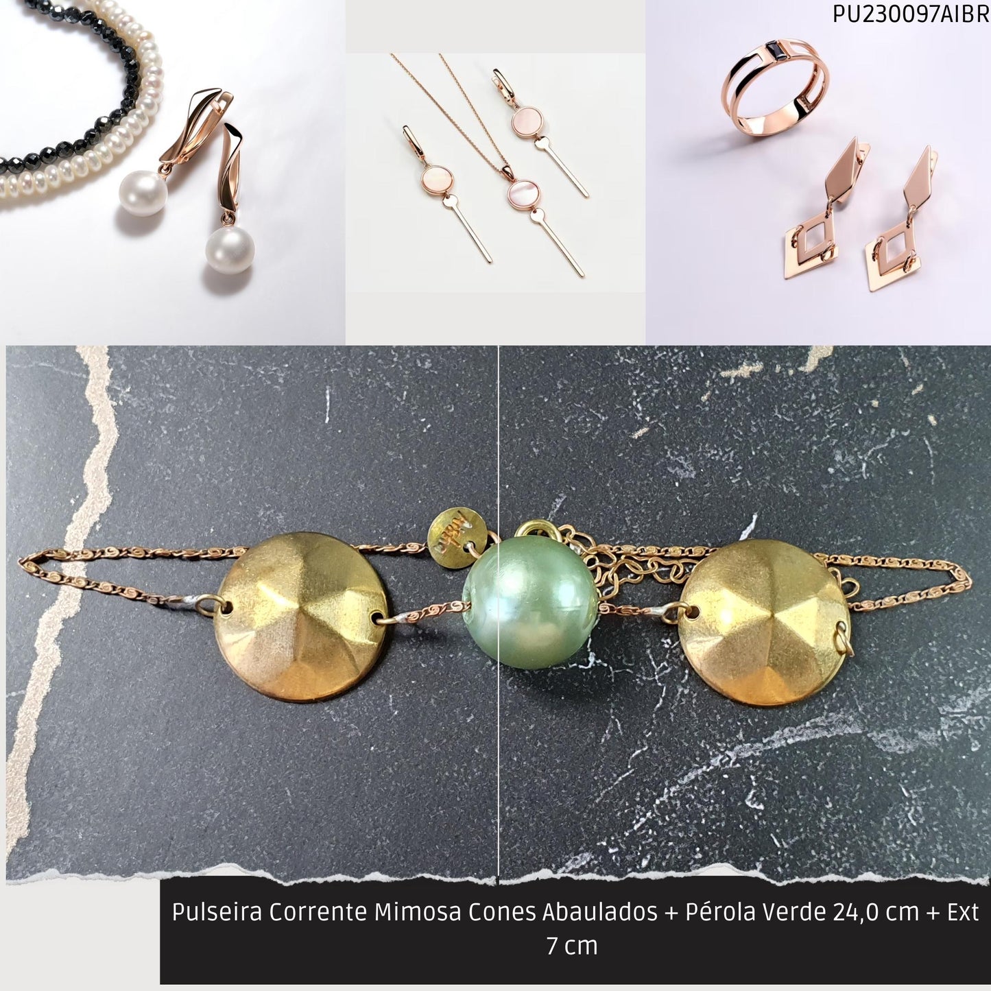 Pulseira Corrente Mimosa Cones Abaulados + Pérola Verde 24.0 cm + Ext 7 cm   - Código.: PU230097AIBR  - Peso.: 5.4 gr