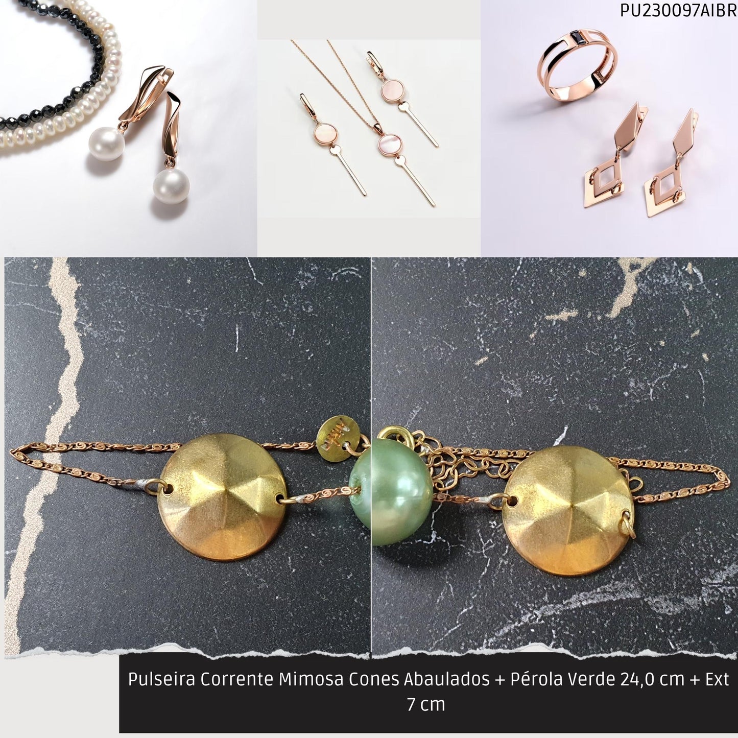 Pulseira Corrente Mimosa Cones Abaulados + Pérola Verde 24.0 cm + Ext 7 cm   - Código.: PU230097AIBR  - Peso.: 5.4 gr
