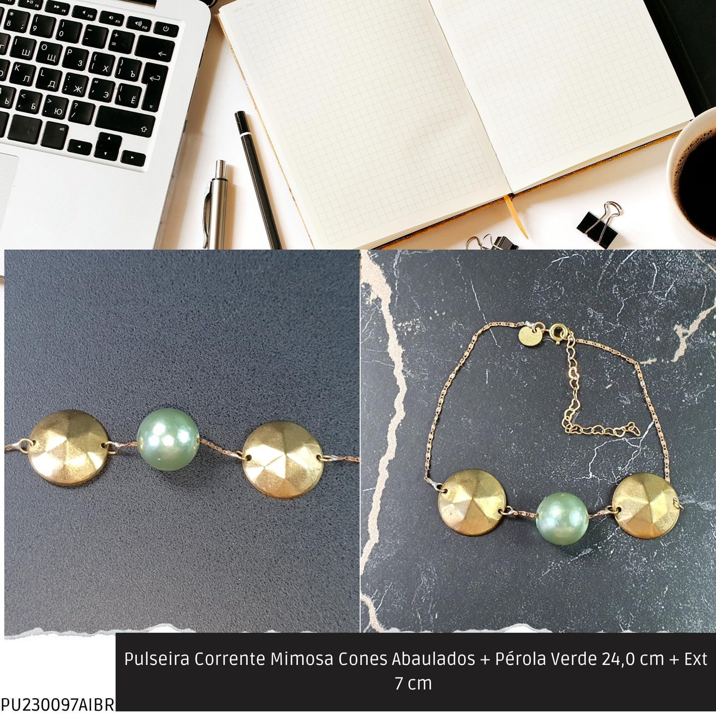 Pulseira Corrente Mimosa Cones Abaulados + Pérola Verde 24.0 cm + Ext 7 cm   - Código.: PU230097AIBR  - Peso.: 5.4 gr
