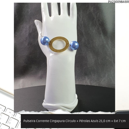 Pulseira Corrente Singapura Círculo + Pérolas Azuis 21.0 cm + Ext 7 cm   - Código.: PU230098AIBR  - Peso.: 7.3 gr