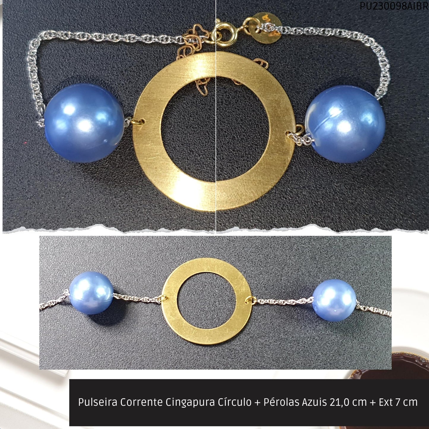 Pulseira Corrente Singapura Círculo + Pérolas Azuis 21.0 cm + Ext 7 cm   - Código.: PU230098AIBR  - Peso.: 7.3 gr