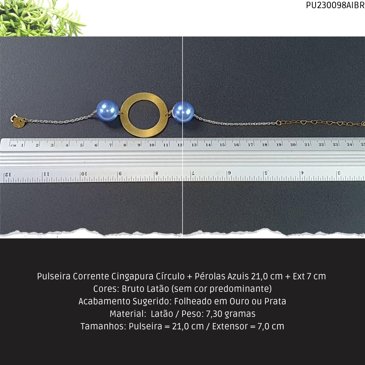Pulseira Corrente Singapura Círculo + Pérolas Azuis 21.0 cm + Ext 7 cm   - Código.: PU230098AIBR  - Peso.: 7.3 gr
