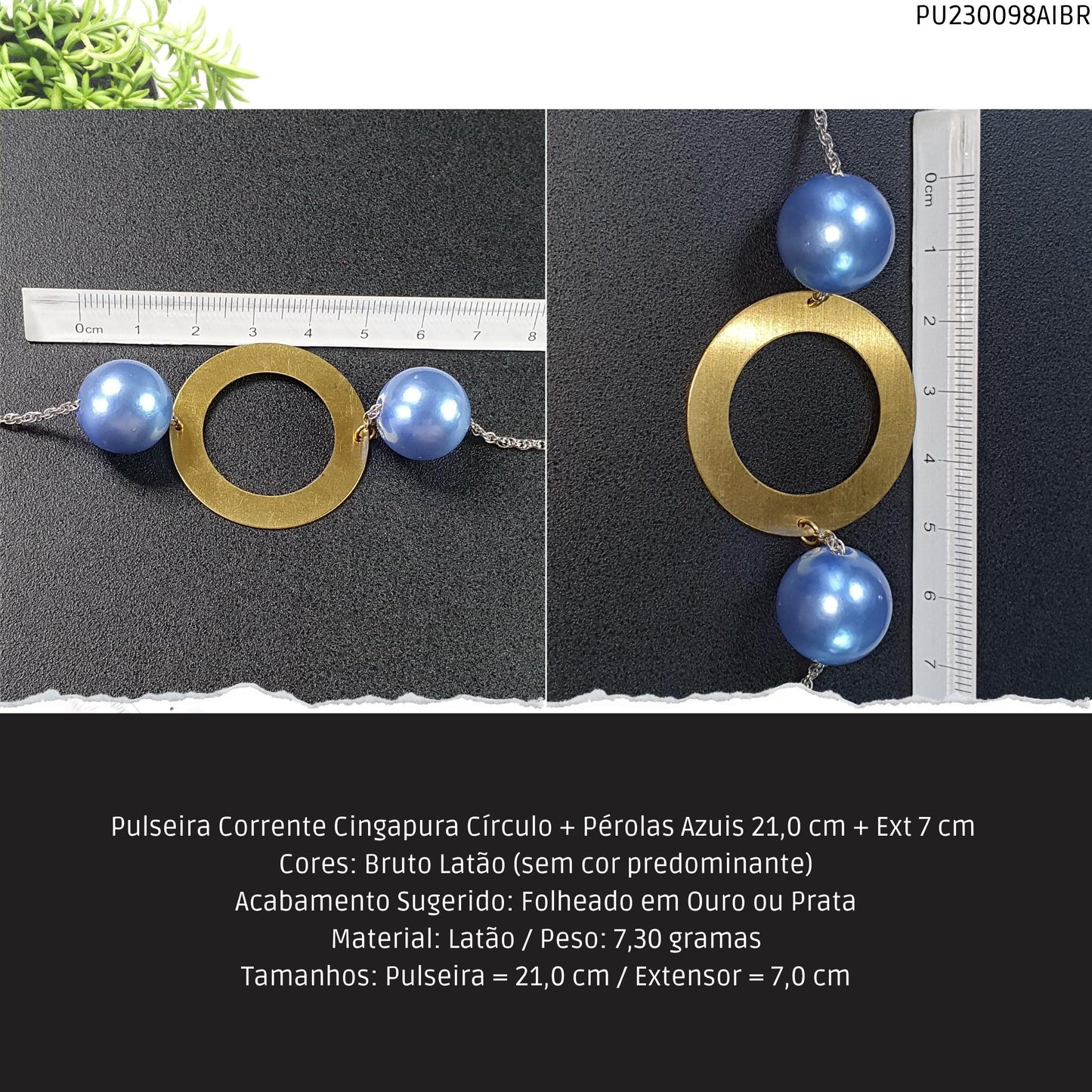 Pulseira Corrente Singapura Círculo + Pérolas Azuis 21.0 cm + Ext 7 cm   - Código.: PU230098AIBR  - Peso.: 7.3 gr