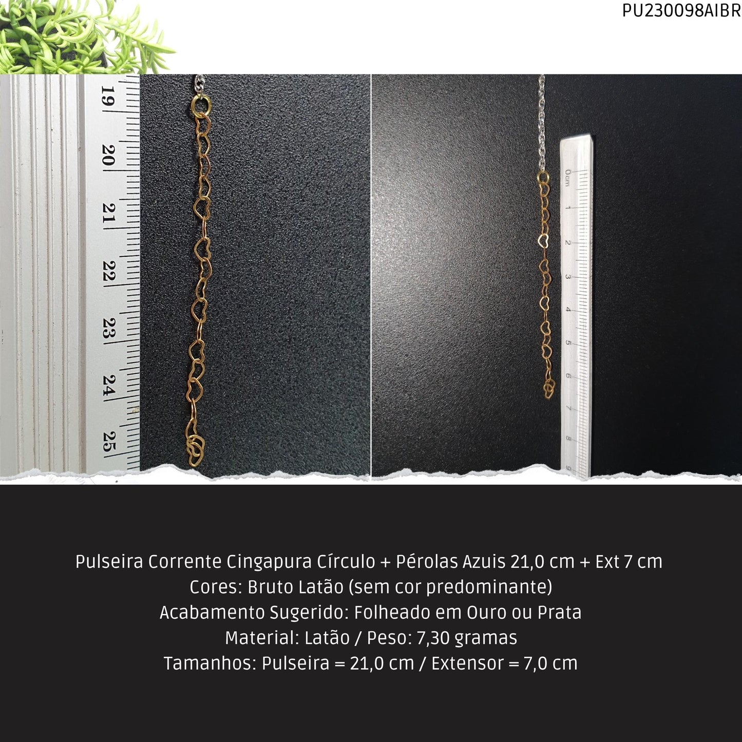 Pulseira Corrente Singapura Círculo + Pérolas Azuis 21.0 cm + Ext 7 cm   - Código.: PU230098AIBR  - Peso.: 7.3 gr