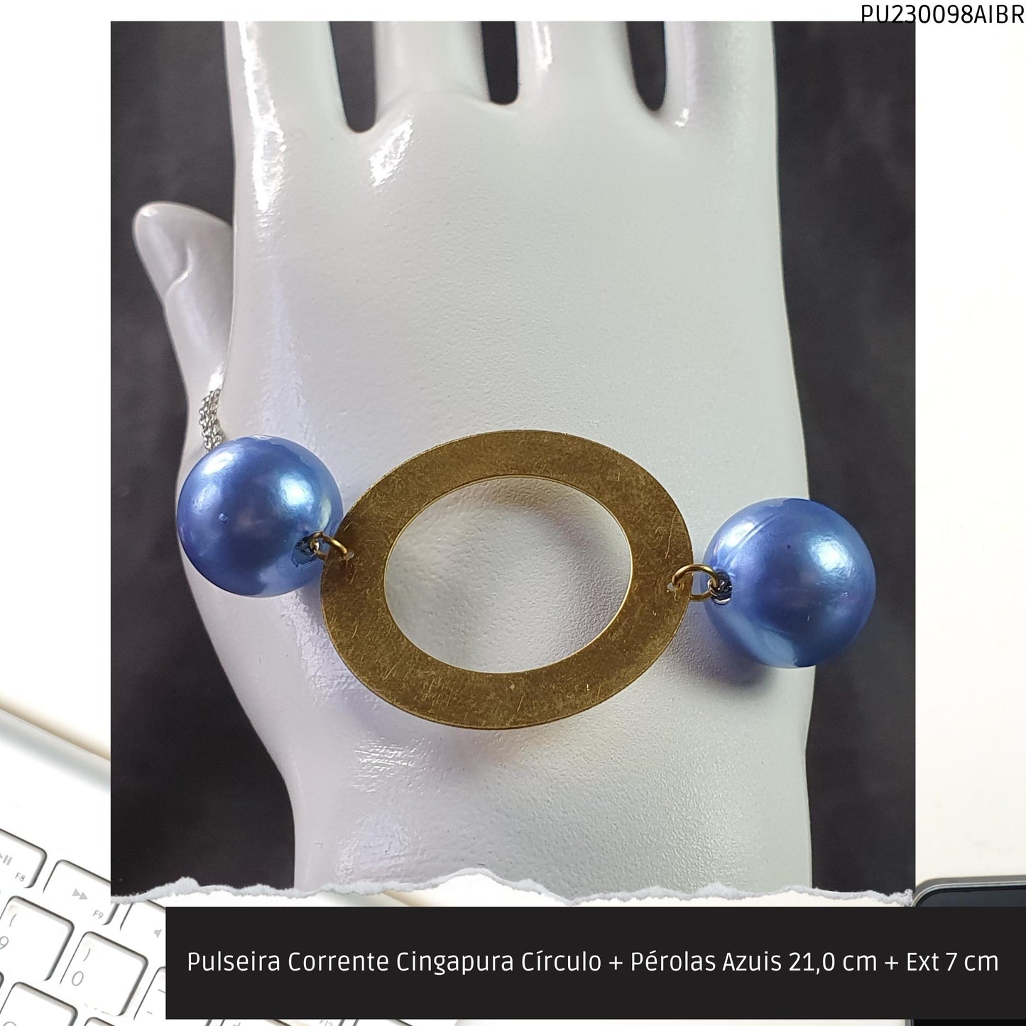 Pulseira Corrente Singapura Círculo + Pérolas Azuis 21.0 cm + Ext 7 cm   - Código.: PU230098AIBR  - Peso.: 7.3 gr