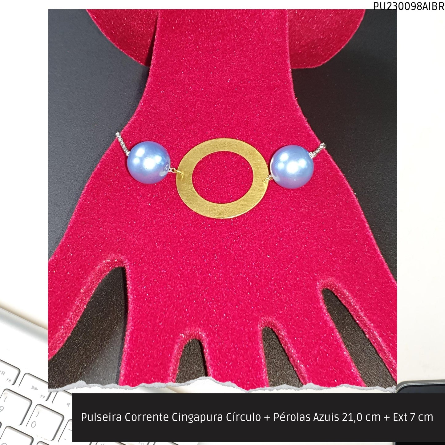 Pulseira Corrente Singapura Círculo + Pérolas Azuis 21.0 cm + Ext 7 cm   - Código.: PU230098AIBR  - Peso.: 7.3 gr