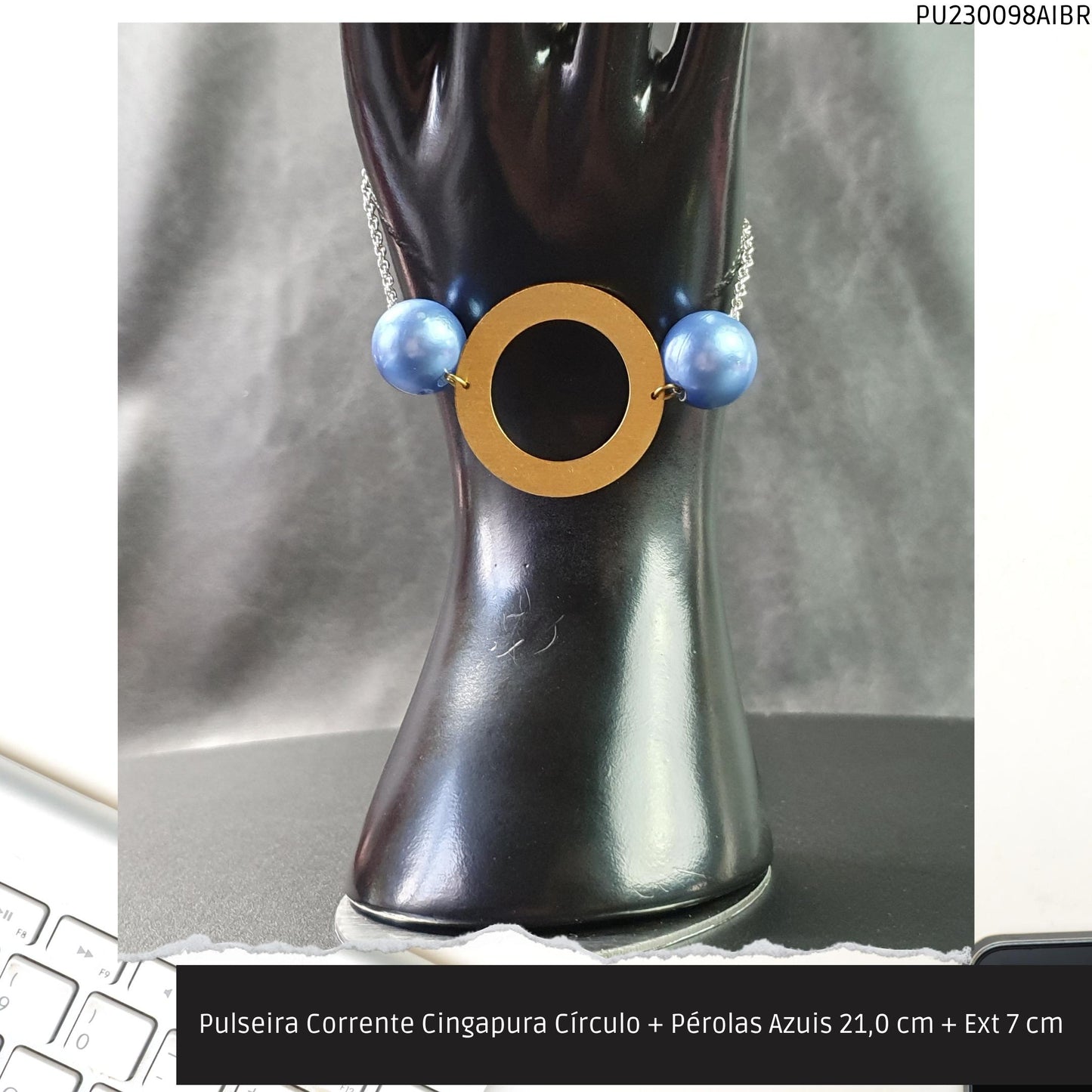 Pulseira Corrente Singapura Círculo + Pérolas Azuis 21.0 cm + Ext 7 cm   - Código.: PU230098AIBR  - Peso.: 7.3 gr