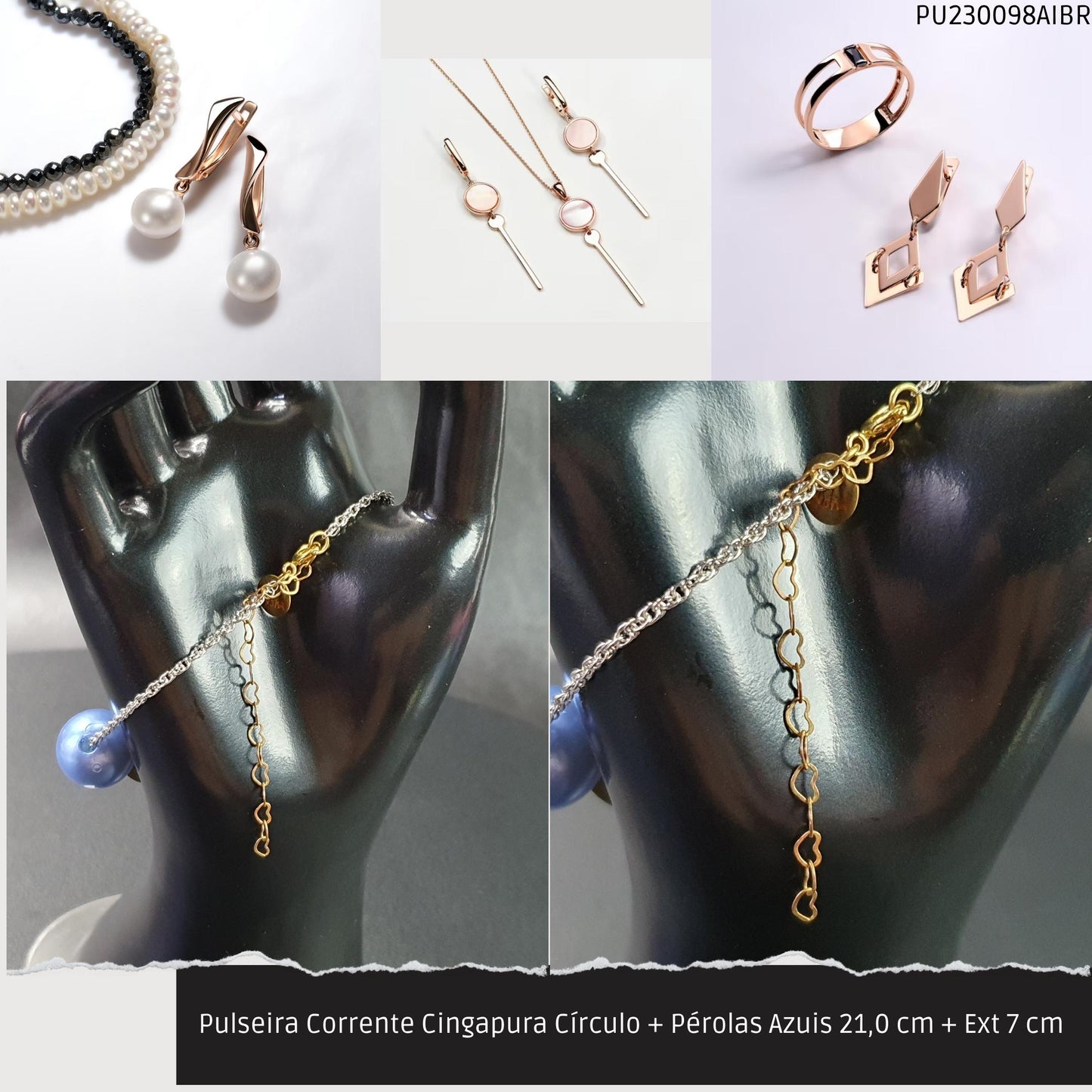 Pulseira Corrente Singapura Círculo + Pérolas Azuis 21.0 cm + Ext 7 cm   - Código.: PU230098AIBR  - Peso.: 7.3 gr