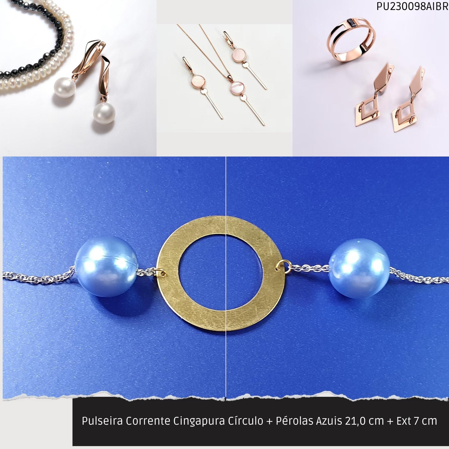 Pulseira Corrente Singapura Círculo + Pérolas Azuis 21.0 cm + Ext 7 cm   - Código.: PU230098AIBR  - Peso.: 7.3 gr