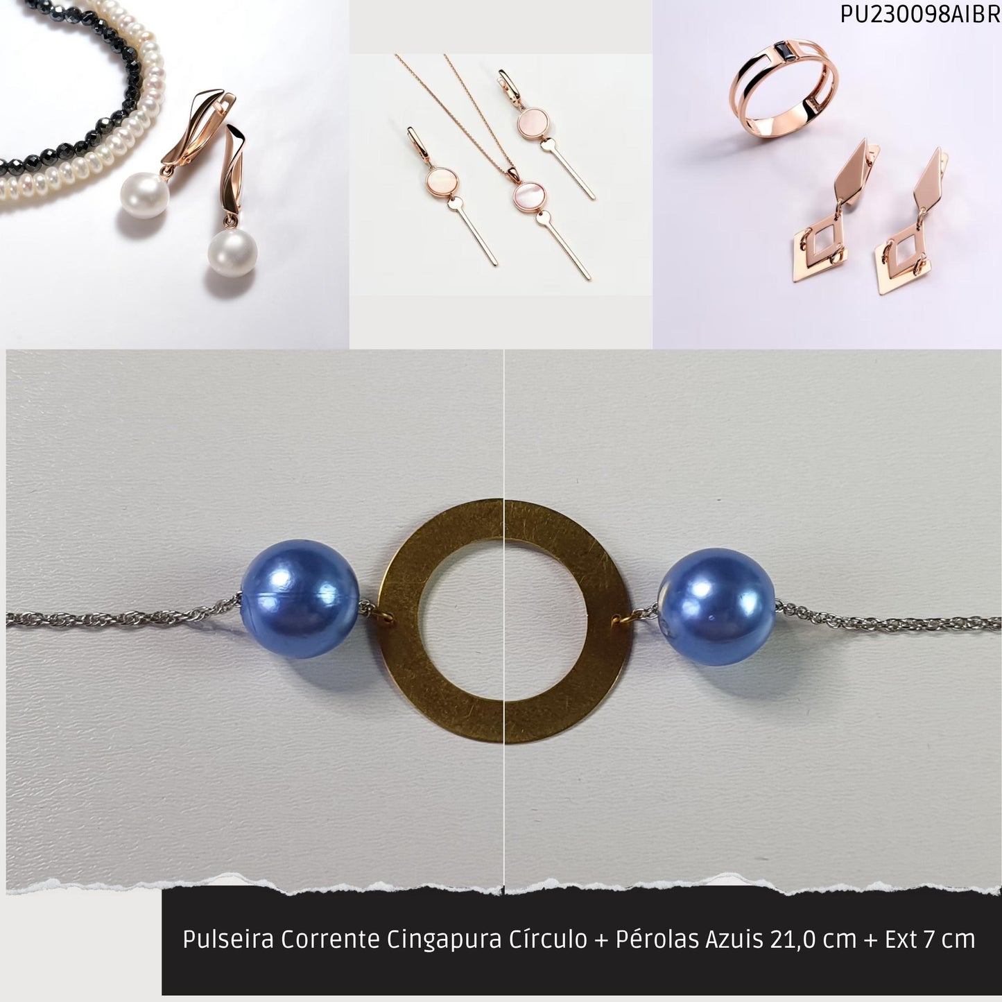 Pulseira Corrente Singapura Círculo + Pérolas Azuis 21.0 cm + Ext 7 cm   - Código.: PU230098AIBR  - Peso.: 7.3 gr