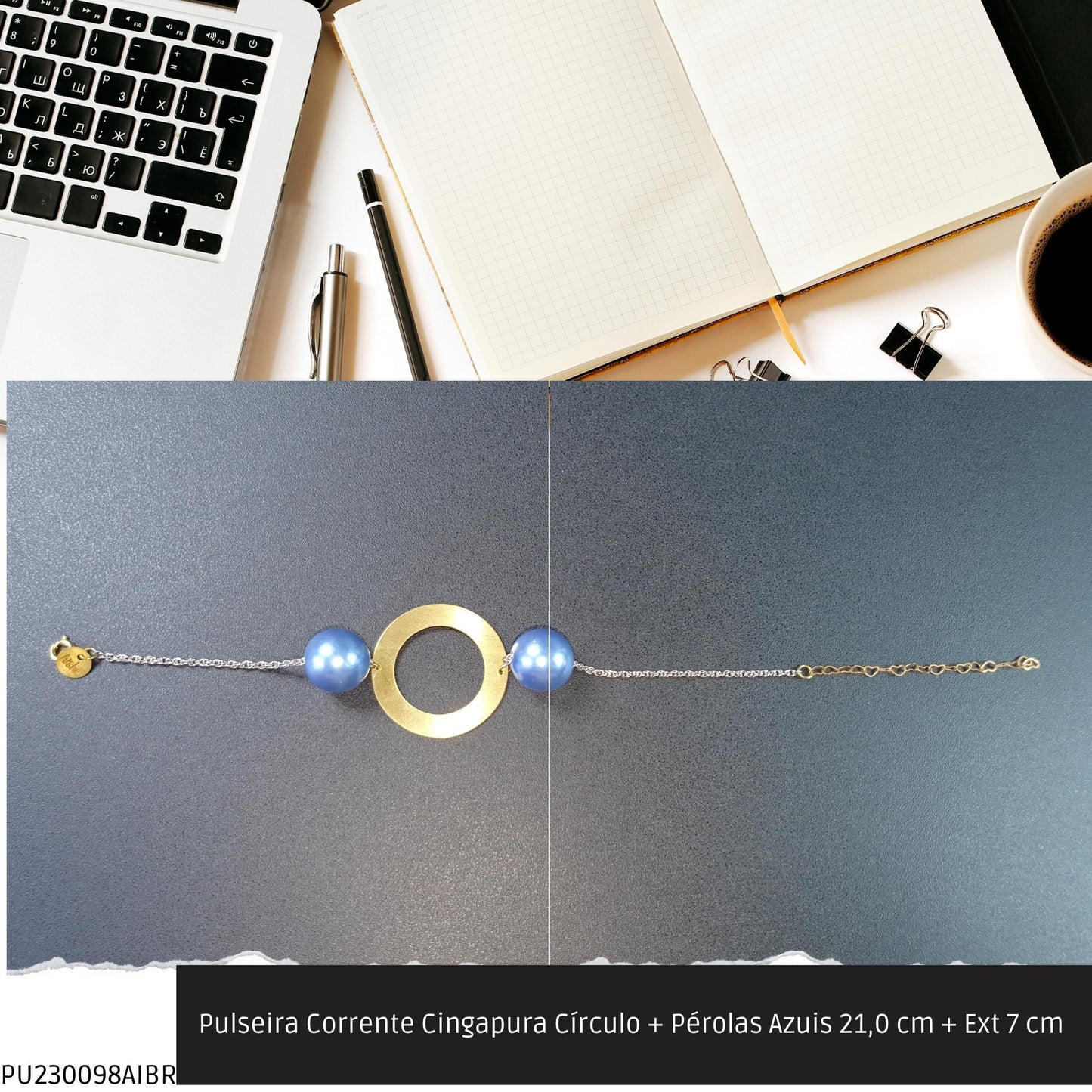 Pulseira Corrente Singapura Círculo + Pérolas Azuis 21.0 cm + Ext 7 cm   - Código.: PU230098AIBR  - Peso.: 7.3 gr