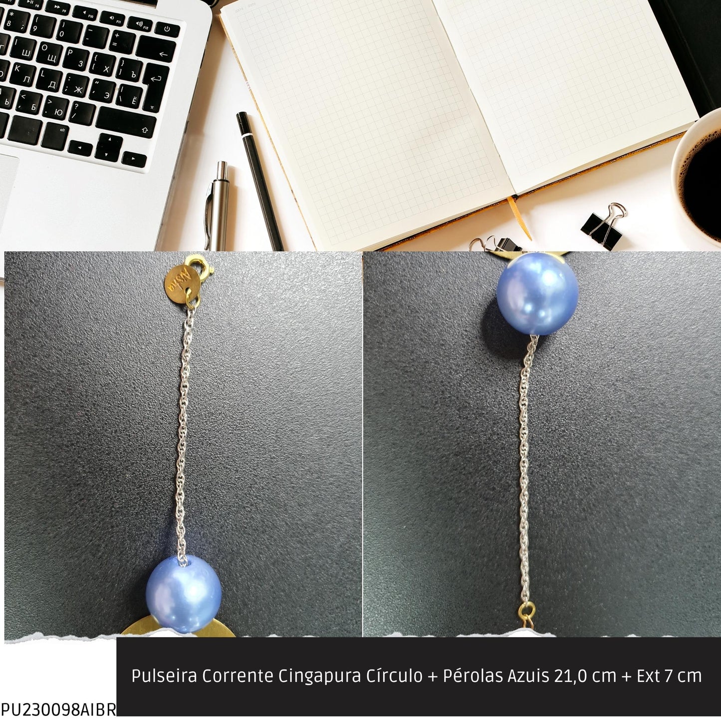 Pulseira Corrente Singapura Círculo + Pérolas Azuis 21.0 cm + Ext 7 cm   - Código.: PU230098AIBR  - Peso.: 7.3 gr