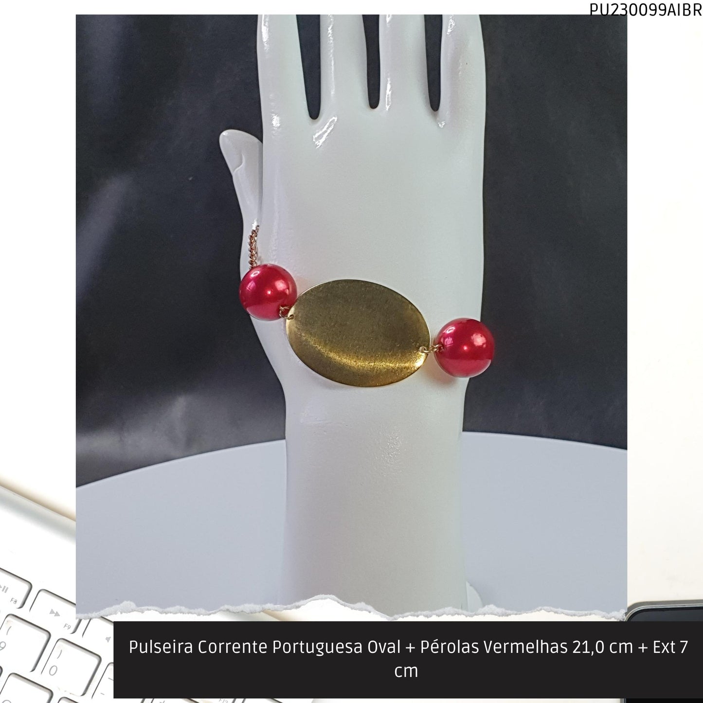 Pulseira Corrente Portuguesa Oval + Pérolas Vermelhas 21.0 cm + Ext 7 cm   - Código.: PU230099AIBR  - Peso.: 8.6 gr