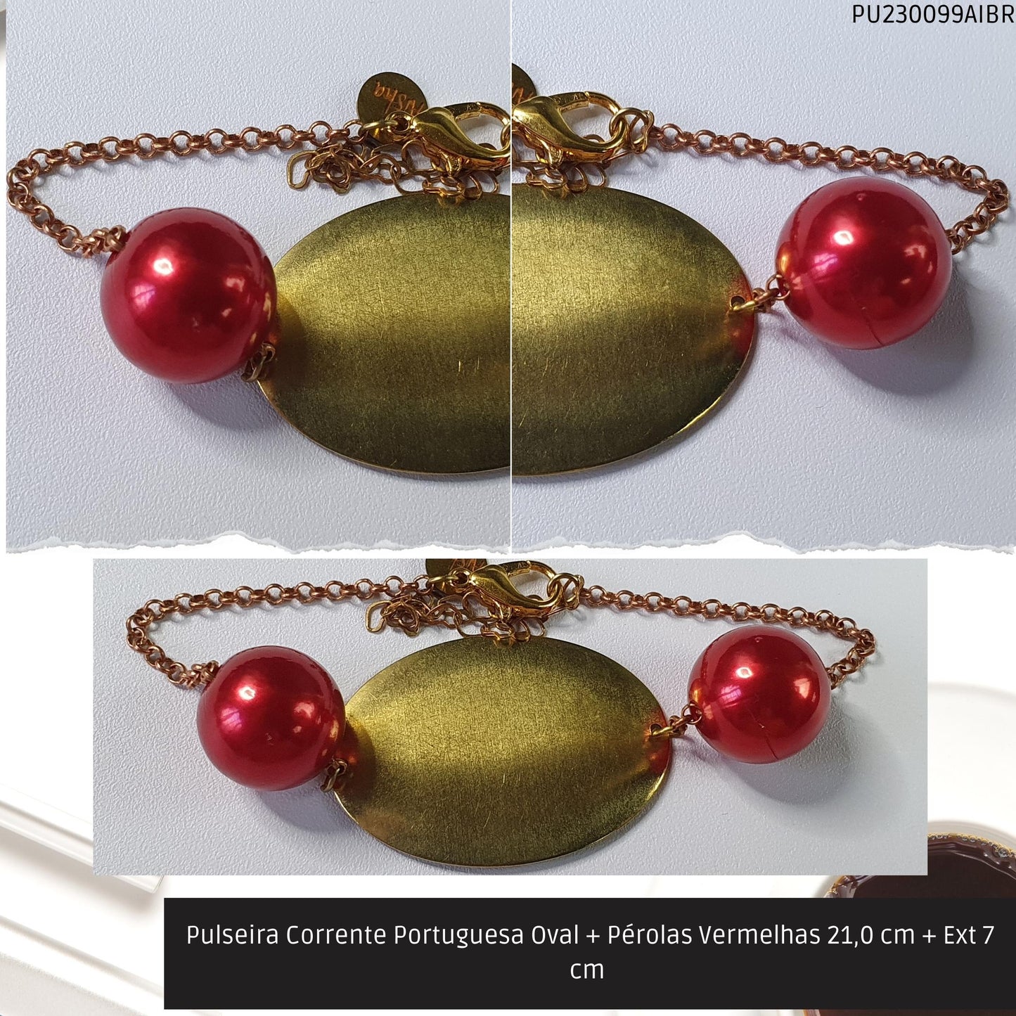 Pulseira Corrente Portuguesa Oval + Pérolas Vermelhas 21.0 cm + Ext 7 cm   - Código.: PU230099AIBR  - Peso.: 8.6 gr