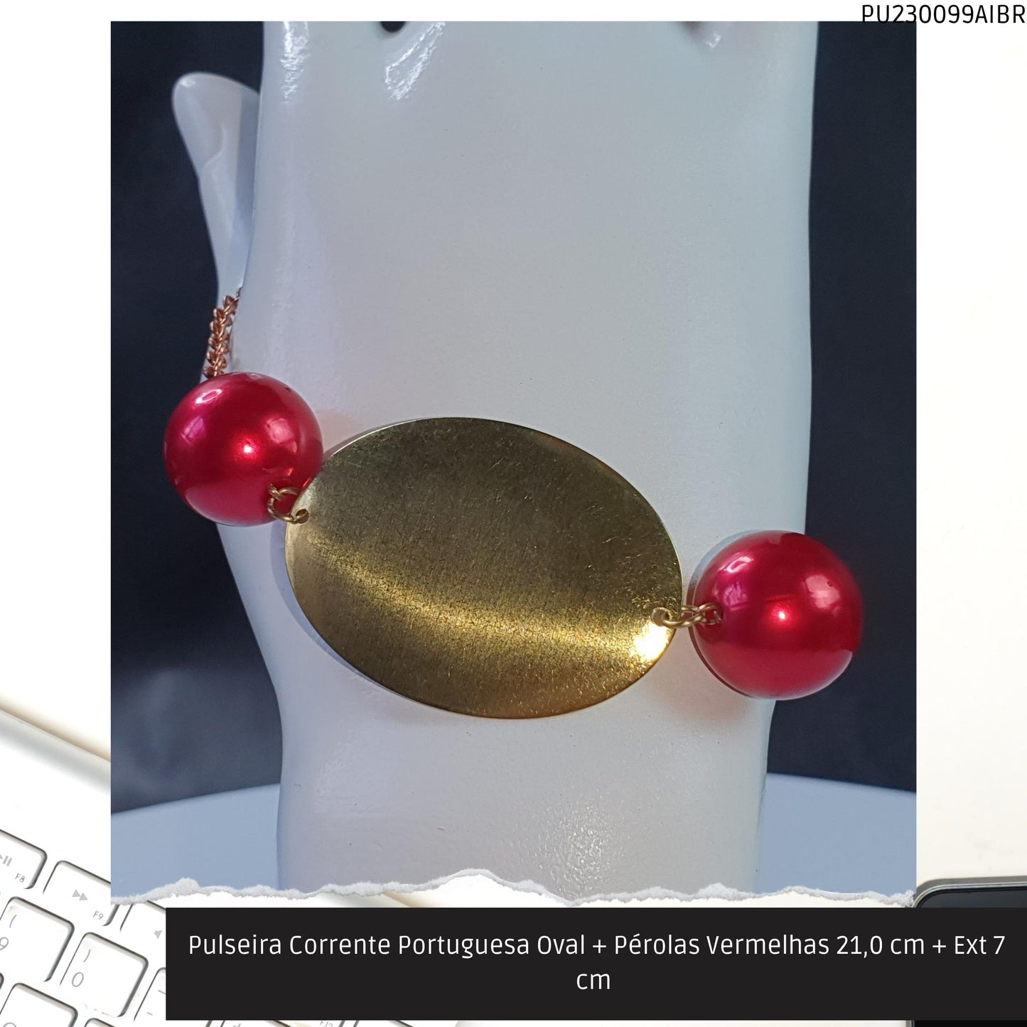 Pulseira Corrente Portuguesa Oval + Pérolas Vermelhas 21.0 cm + Ext 7 cm   - Código.: PU230099AIBR  - Peso.: 8.6 gr