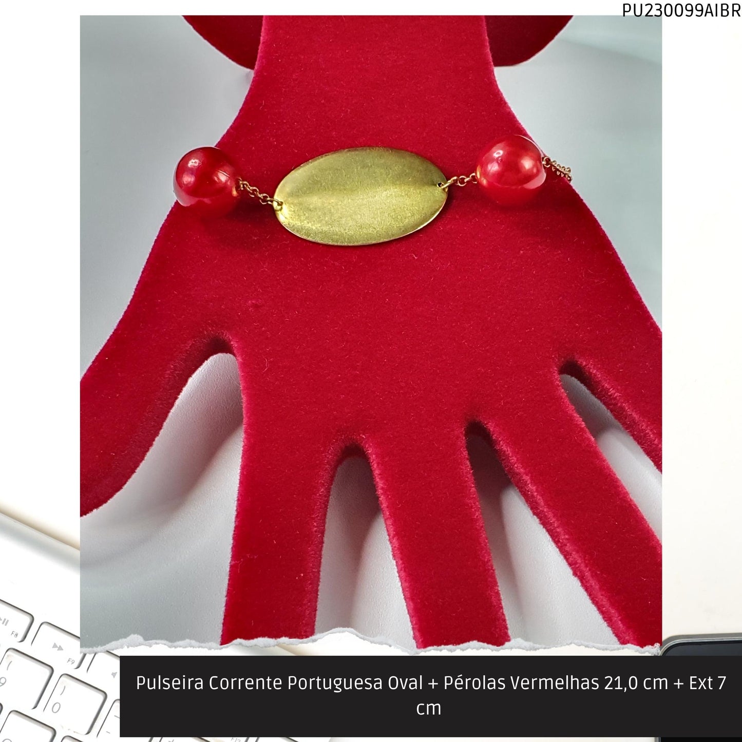 Pulseira Corrente Portuguesa Oval + Pérolas Vermelhas 21.0 cm + Ext 7 cm   - Código.: PU230099AIBR  - Peso.: 8.6 gr