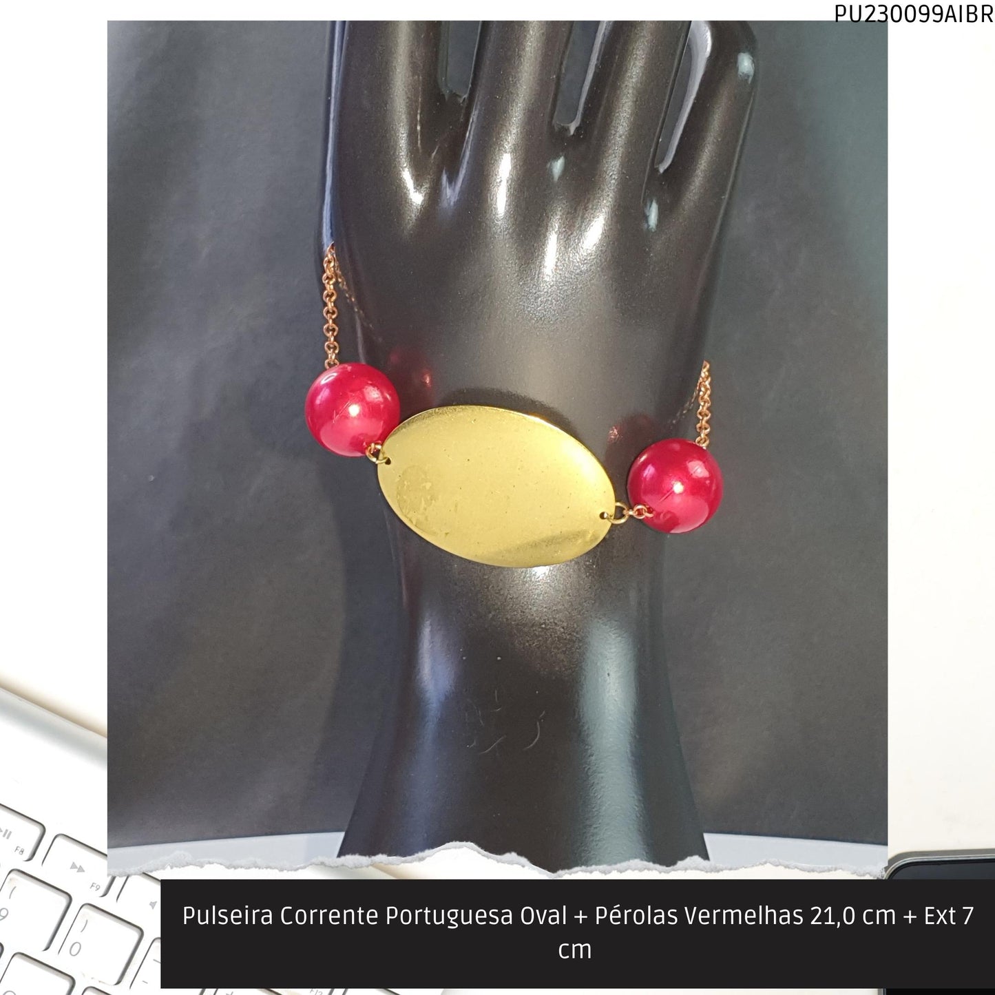 Pulseira Corrente Portuguesa Oval + Pérolas Vermelhas 21.0 cm + Ext 7 cm   - Código.: PU230099AIBR  - Peso.: 8.6 gr