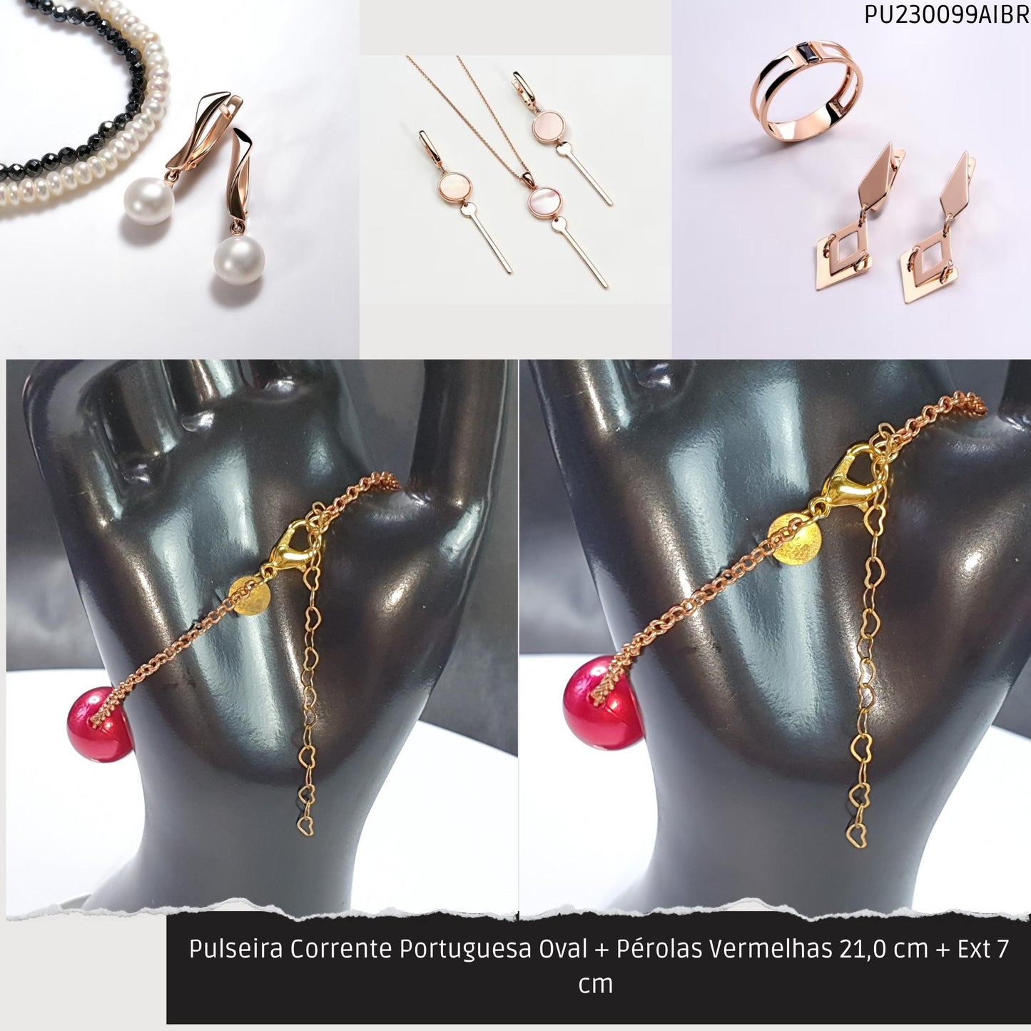 Pulseira Corrente Portuguesa Oval + Pérolas Vermelhas 21.0 cm + Ext 7 cm   - Código.: PU230099AIBR  - Peso.: 8.6 gr