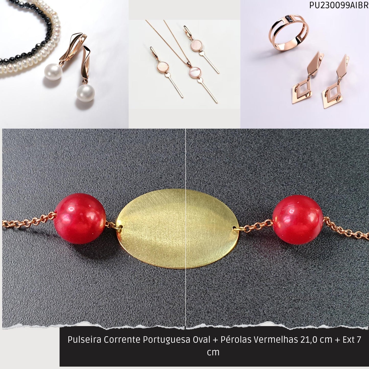 Pulseira Corrente Portuguesa Oval + Pérolas Vermelhas 21.0 cm + Ext 7 cm   - Código.: PU230099AIBR  - Peso.: 8.6 gr