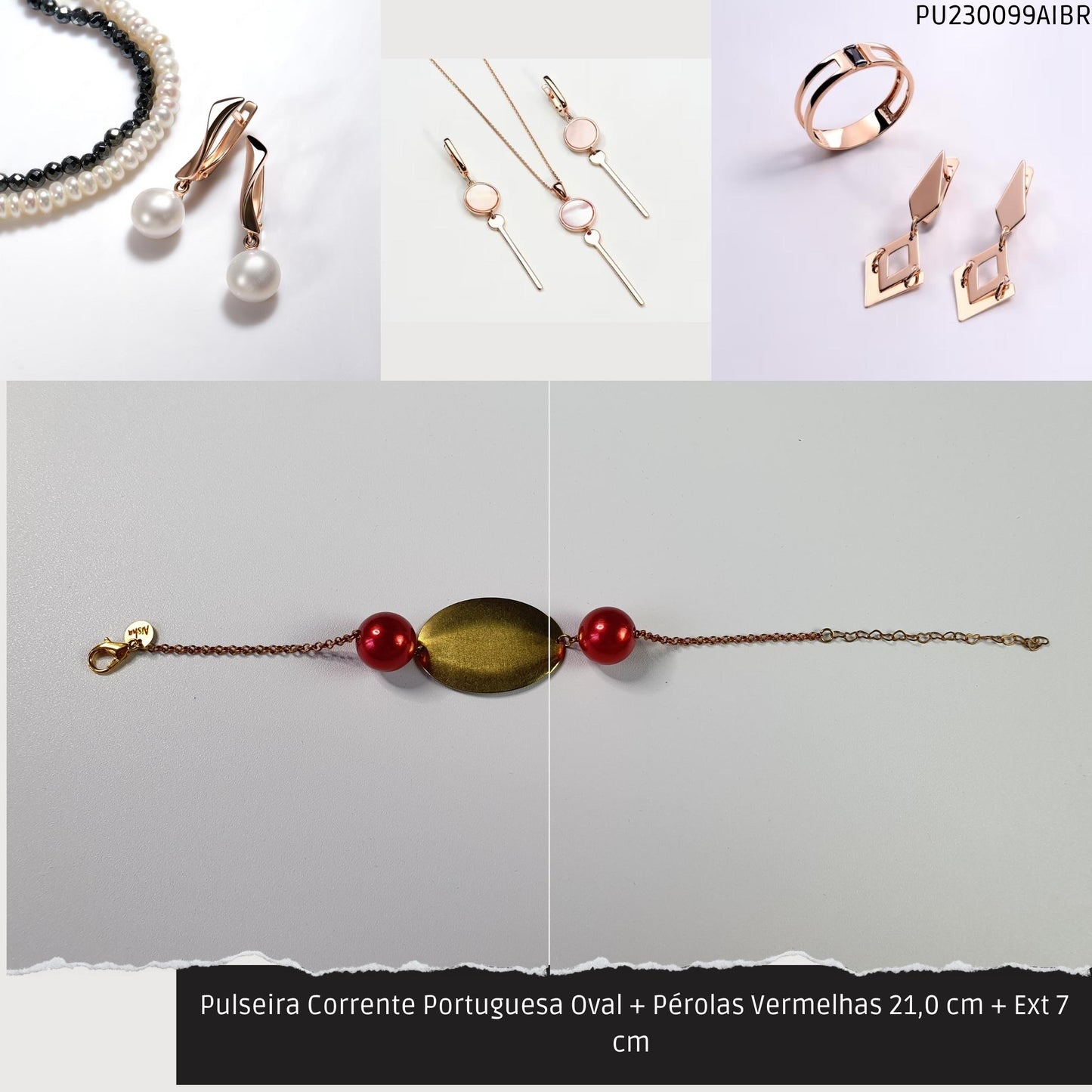 Pulseira Corrente Portuguesa Oval + Pérolas Vermelhas 21.0 cm + Ext 7 cm   - Código.: PU230099AIBR  - Peso.: 8.6 gr