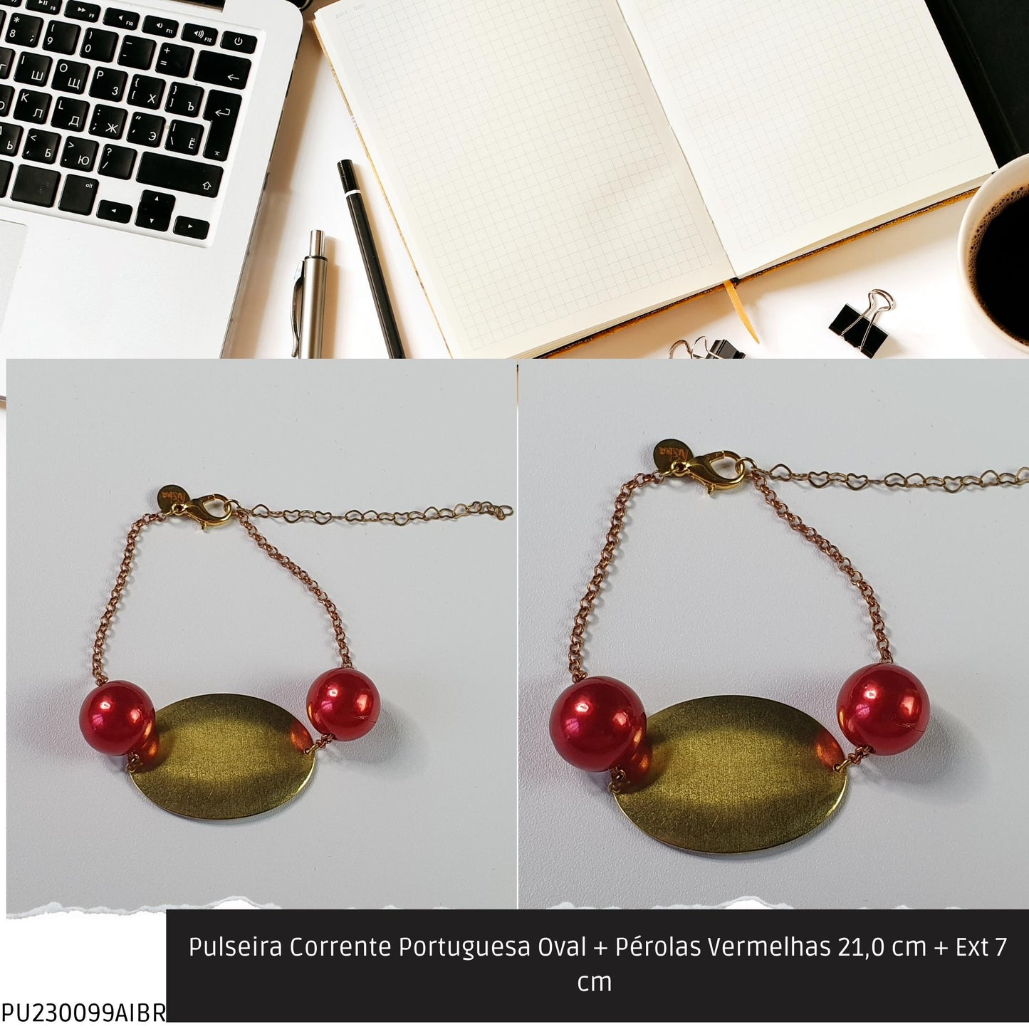 Pulseira Corrente Portuguesa Oval + Pérolas Vermelhas 21.0 cm + Ext 7 cm   - Código.: PU230099AIBR  - Peso.: 8.6 gr
