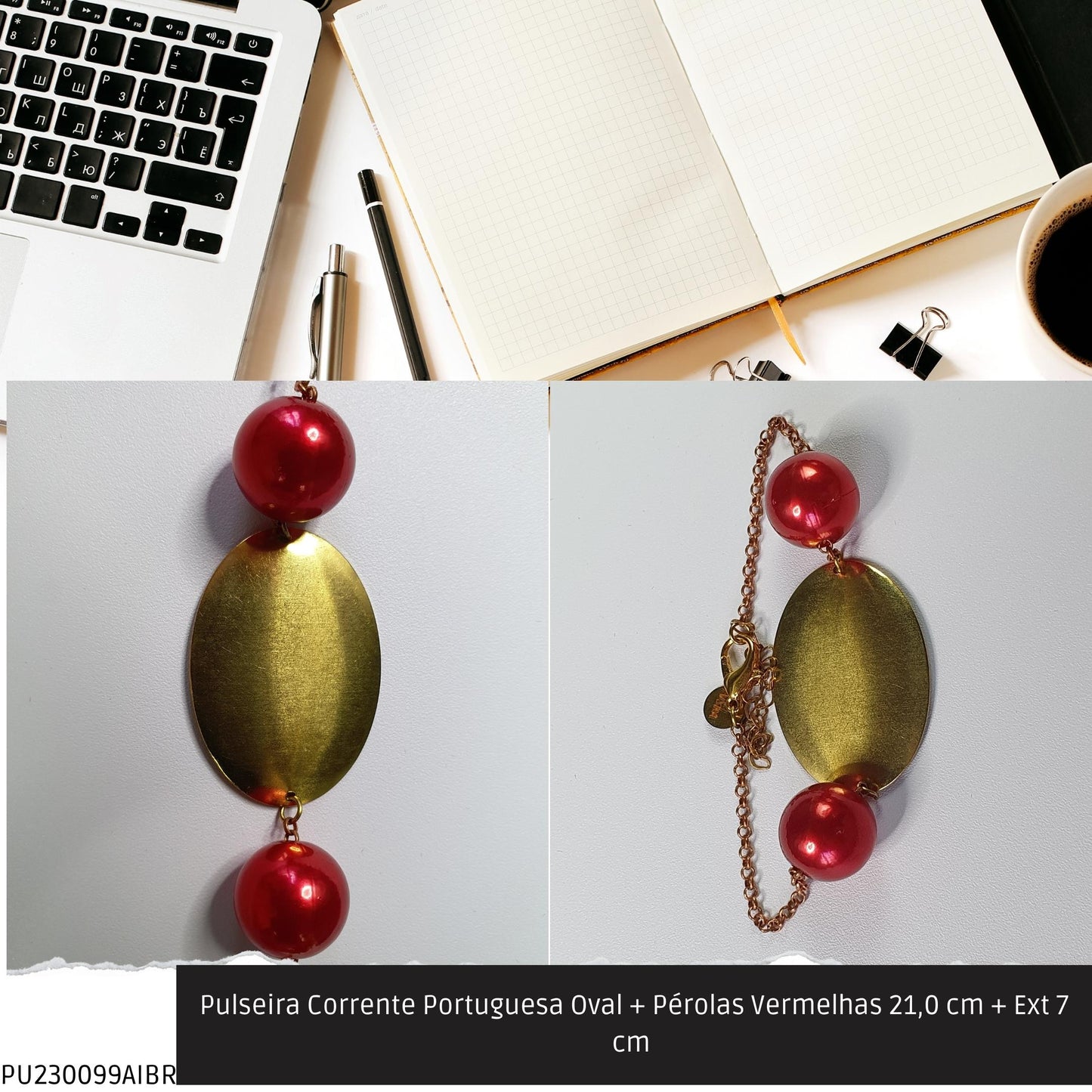 Pulseira Corrente Portuguesa Oval + Pérolas Vermelhas 21.0 cm + Ext 7 cm   - Código.: PU230099AIBR  - Peso.: 8.6 gr