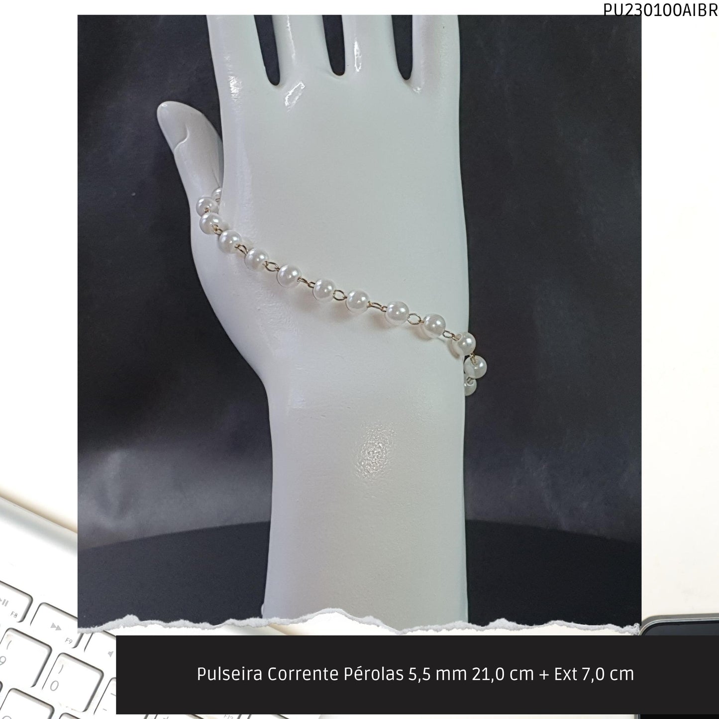 Pulseira Corrente Pérolas 5.5 mm 21.0 cm + Ext 7.0 cm   - Código.: PU230100AIBR  - Peso.: 3.4 gr