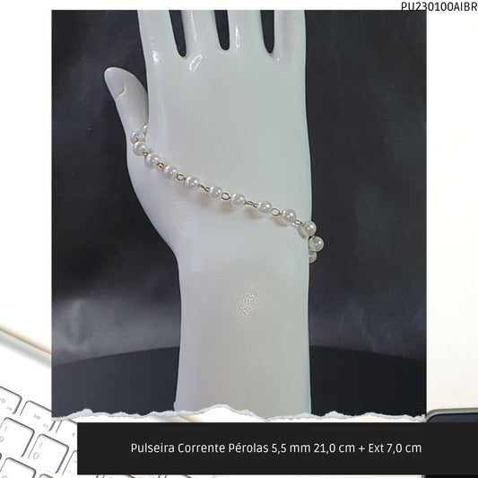 Pulseira Corrente Pérolas 5.5 mm 21.0 cm + Ext 7.0 cm   - Código.: PU230100AIBR  - Peso.: 3.4 gr