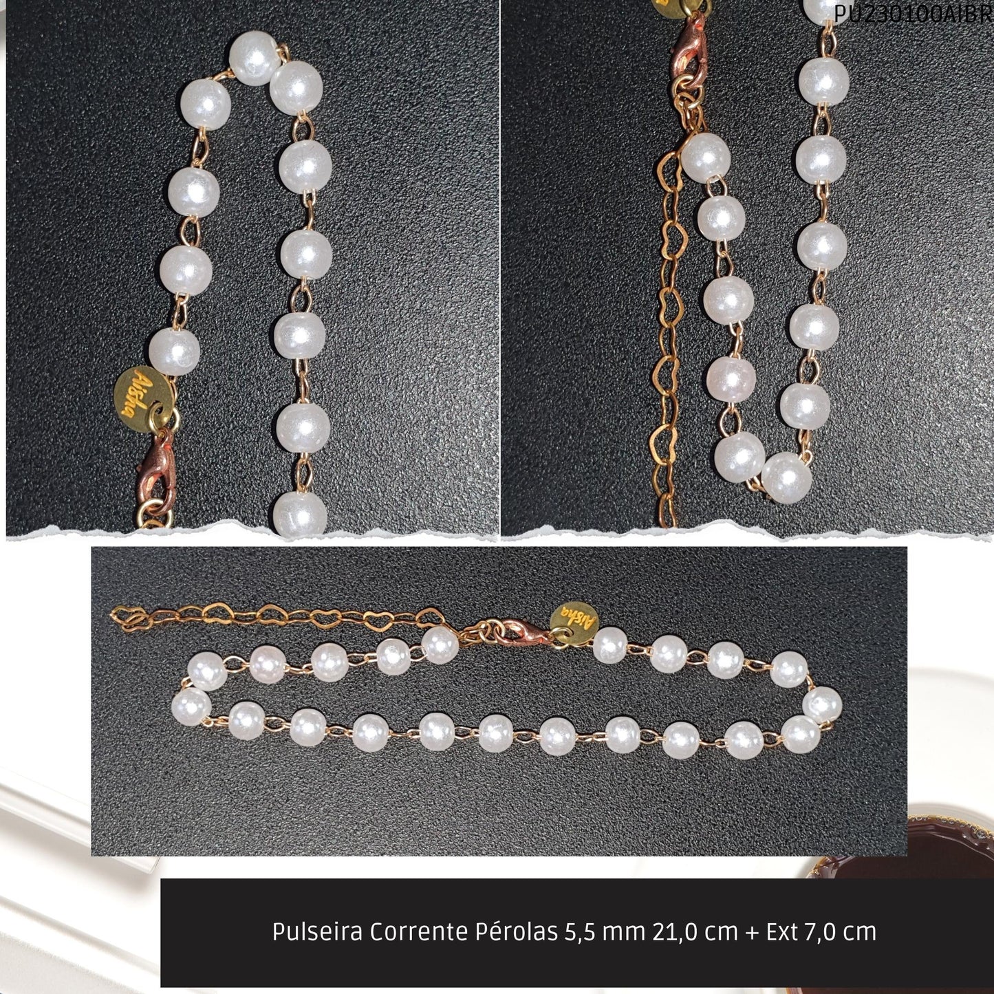 Pulseira Corrente Pérolas 5.5 mm 21.0 cm + Ext 7.0 cm   - Código.: PU230100AIBR  - Peso.: 3.4 gr
