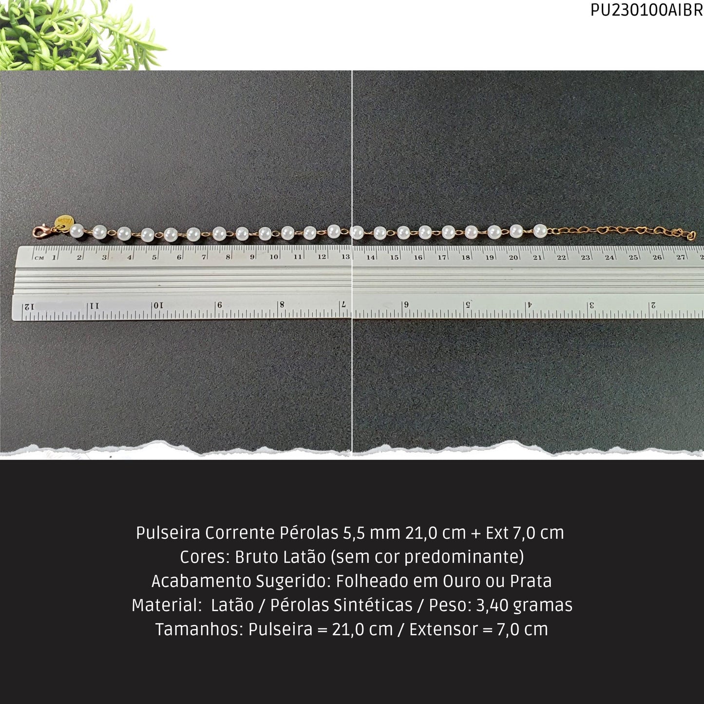 Pulseira Corrente Pérolas 5.5 mm 21.0 cm + Ext 7.0 cm   - Código.: PU230100AIBR  - Peso.: 3.4 gr