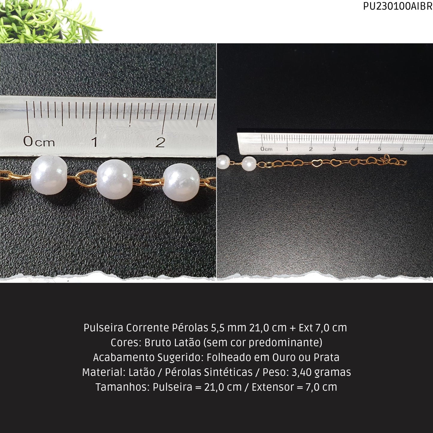 Pulseira Corrente Pérolas 5.5 mm 21.0 cm + Ext 7.0 cm   - Código.: PU230100AIBR  - Peso.: 3.4 gr