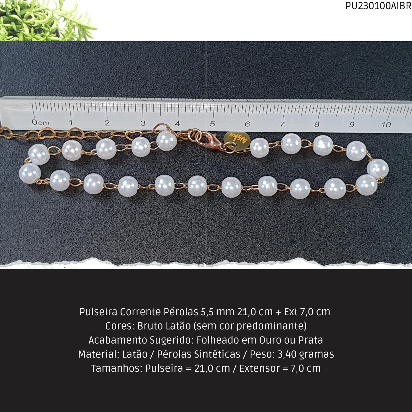 Pulseira Corrente Pérolas 5.5 mm 21.0 cm + Ext 7.0 cm   - Código.: PU230100AIBR  - Peso.: 3.4 gr