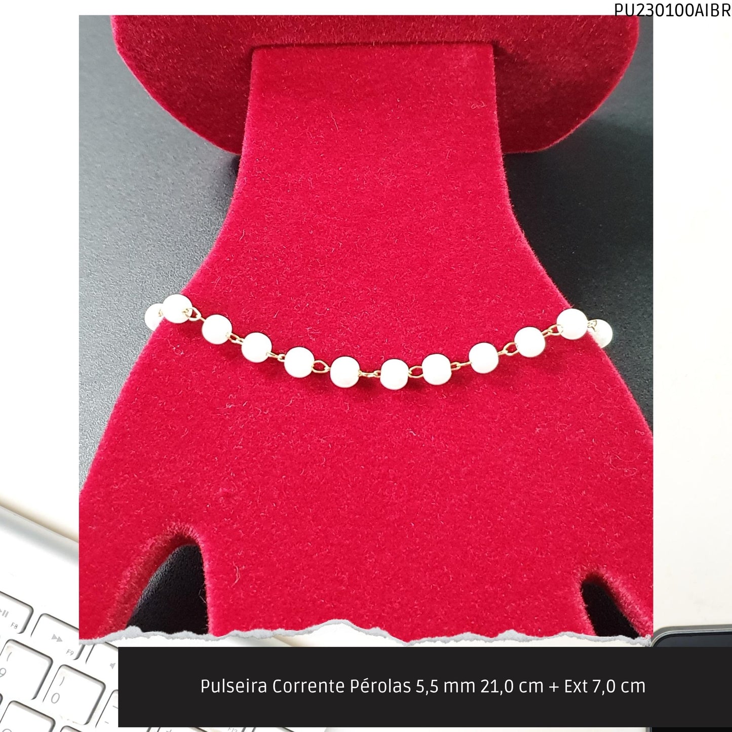 Pulseira Corrente Pérolas 5.5 mm 21.0 cm + Ext 7.0 cm   - Código.: PU230100AIBR  - Peso.: 3.4 gr