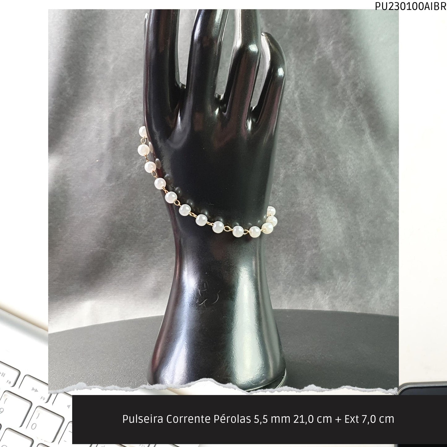 Pulseira Corrente Pérolas 5.5 mm 21.0 cm + Ext 7.0 cm   - Código.: PU230100AIBR  - Peso.: 3.4 gr