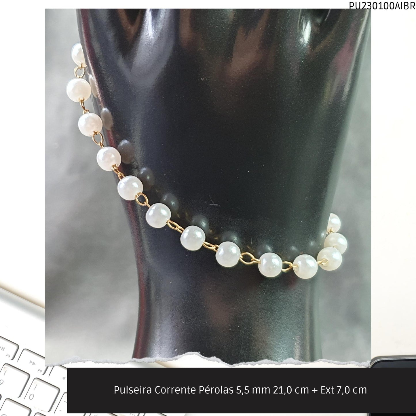 Pulseira Corrente Pérolas 5.5 mm 21.0 cm + Ext 7.0 cm   - Código.: PU230100AIBR  - Peso.: 3.4 gr