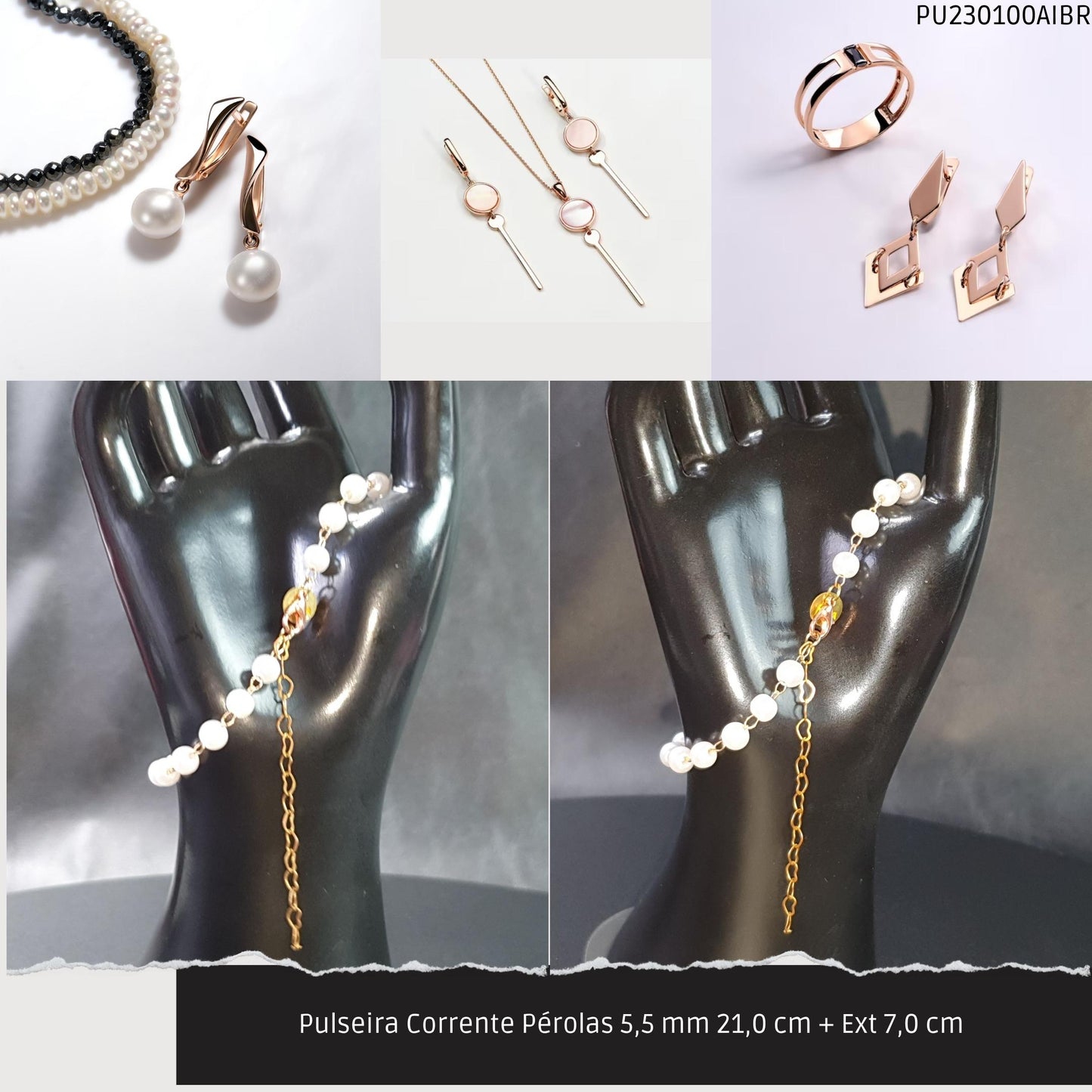 Pulseira Corrente Pérolas 5.5 mm 21.0 cm + Ext 7.0 cm   - Código.: PU230100AIBR  - Peso.: 3.4 gr