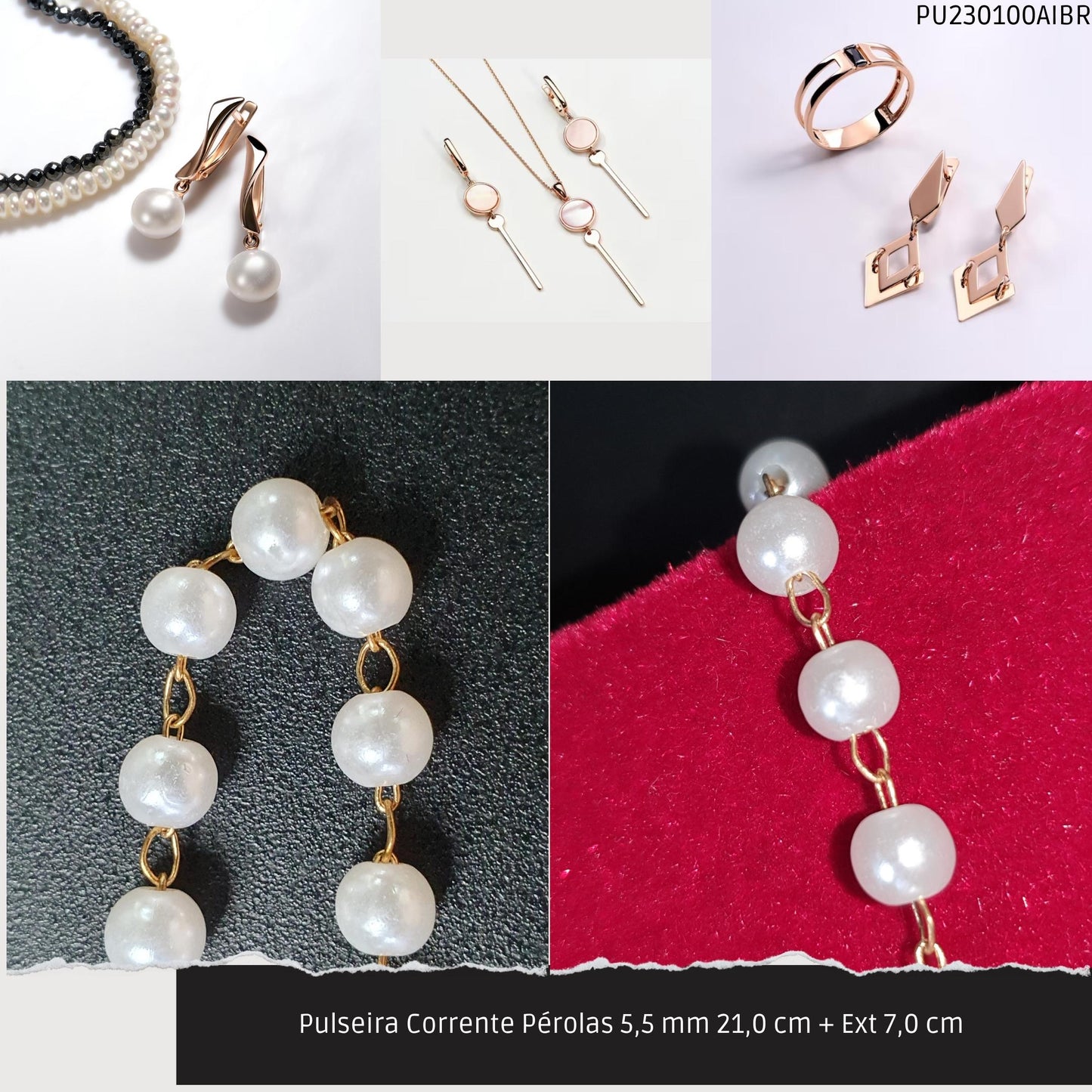Pulseira Corrente Pérolas 5.5 mm 21.0 cm + Ext 7.0 cm   - Código.: PU230100AIBR  - Peso.: 3.4 gr