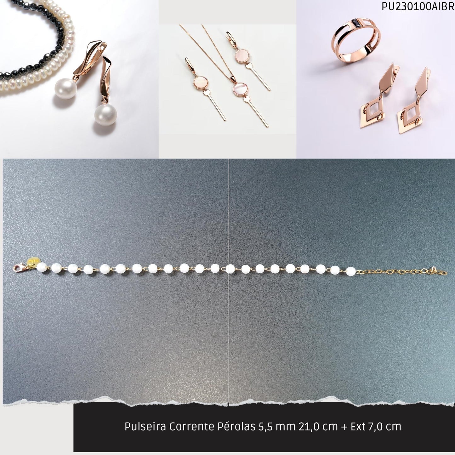 Pulseira Corrente Pérolas 5.5 mm 21.0 cm + Ext 7.0 cm   - Código.: PU230100AIBR  - Peso.: 3.4 gr