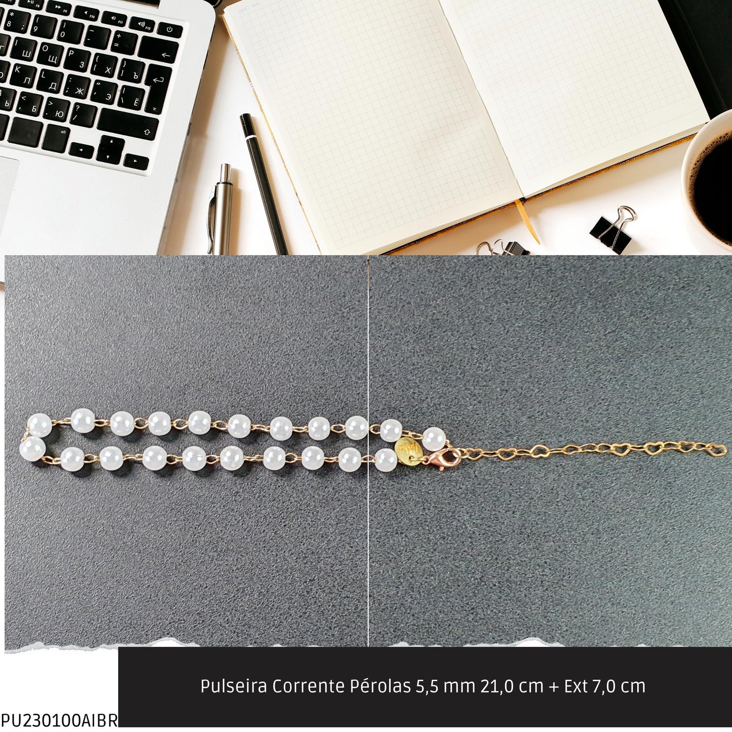 Pulseira Corrente Pérolas 5.5 mm 21.0 cm + Ext 7.0 cm   - Código.: PU230100AIBR  - Peso.: 3.4 gr