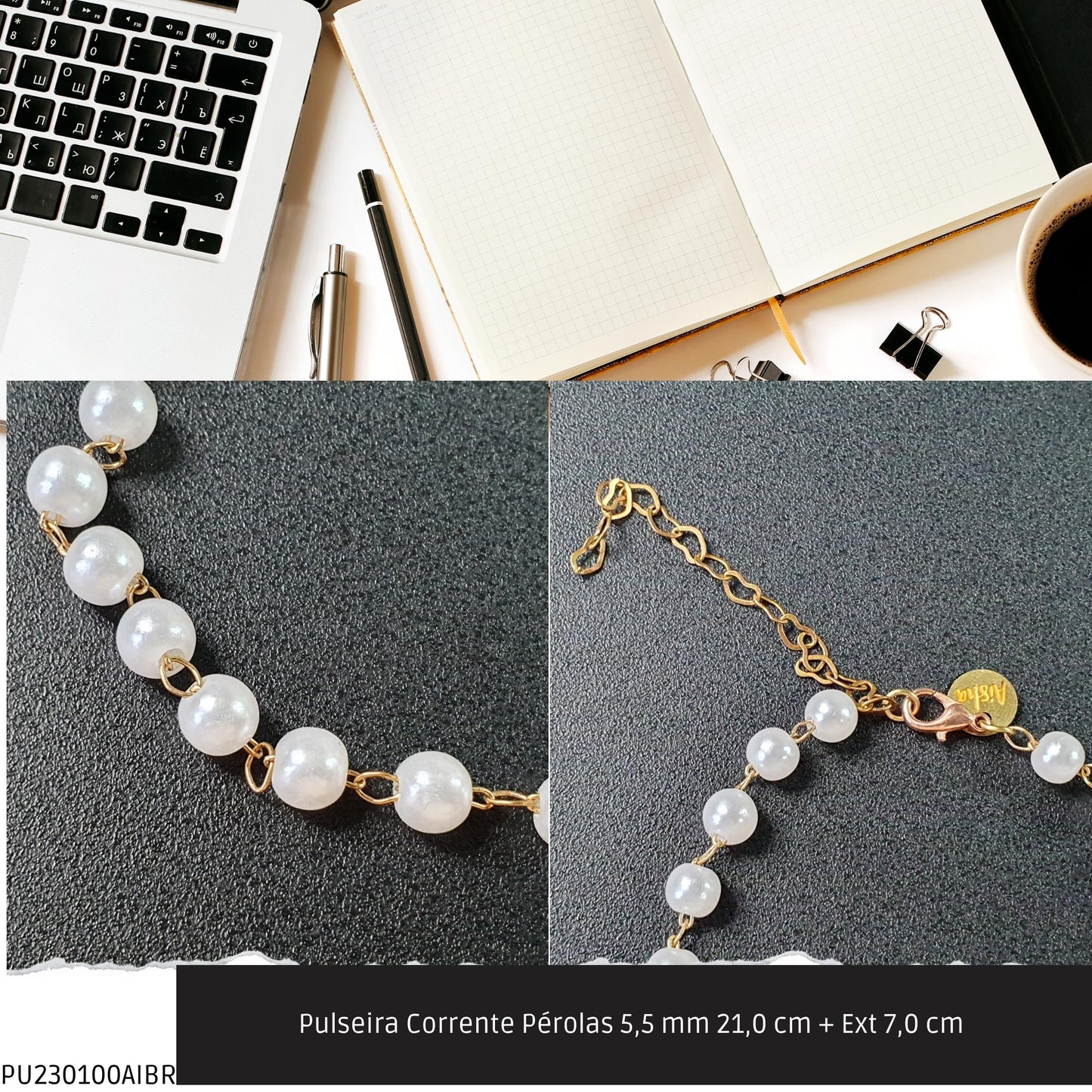 Pulseira Corrente Pérolas 5.5 mm 21.0 cm + Ext 7.0 cm   - Código.: PU230100AIBR  - Peso.: 3.4 gr