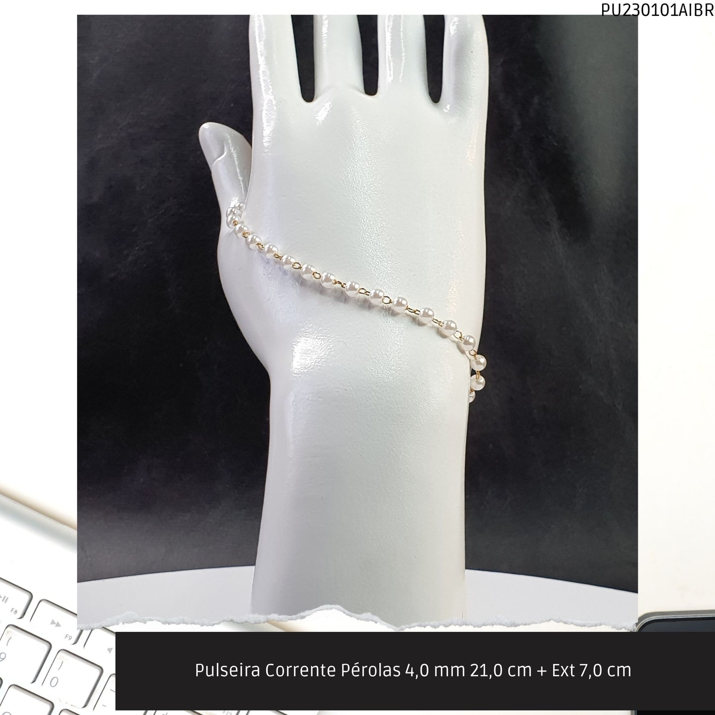 Pulseira Corrente Pérolas 4.0 mm 21.0 cm + Ext 7.0 cm   - Código.: PU230101AIBR  - Peso.: 2.3 gr