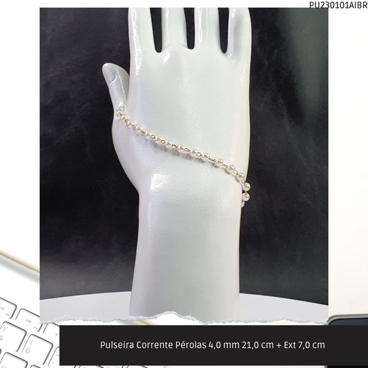 Pulseira Corrente Pérolas 4.0 mm 21.0 cm + Ext 7.0 cm   - Código.: PU230101AIBR  - Peso.: 2.3 gr